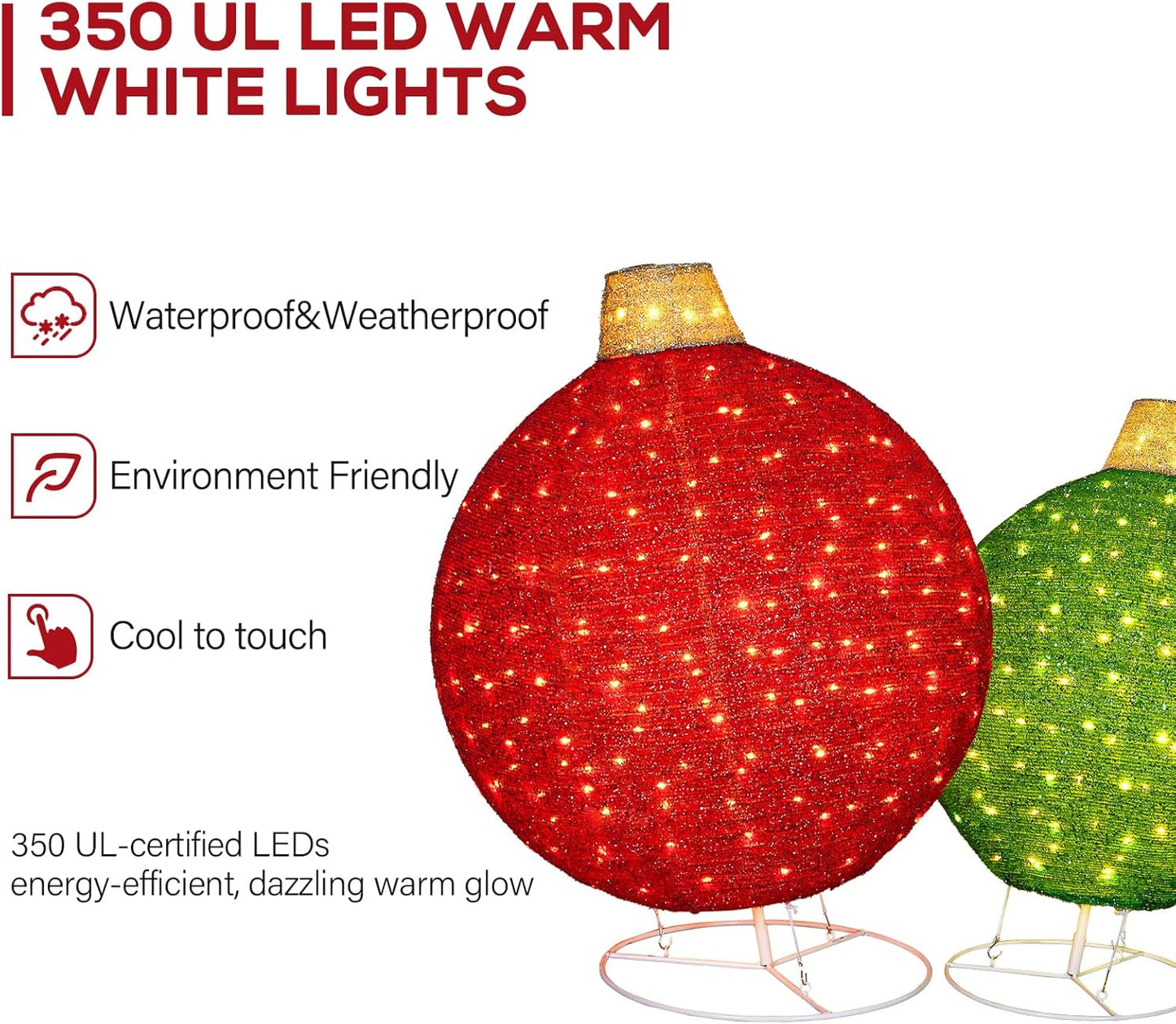 2 Pack 30' & 24' Pop-Up Iron Christmas Ornament Set, 350 Warm White LEDs with UL Transformer, 8 light functions