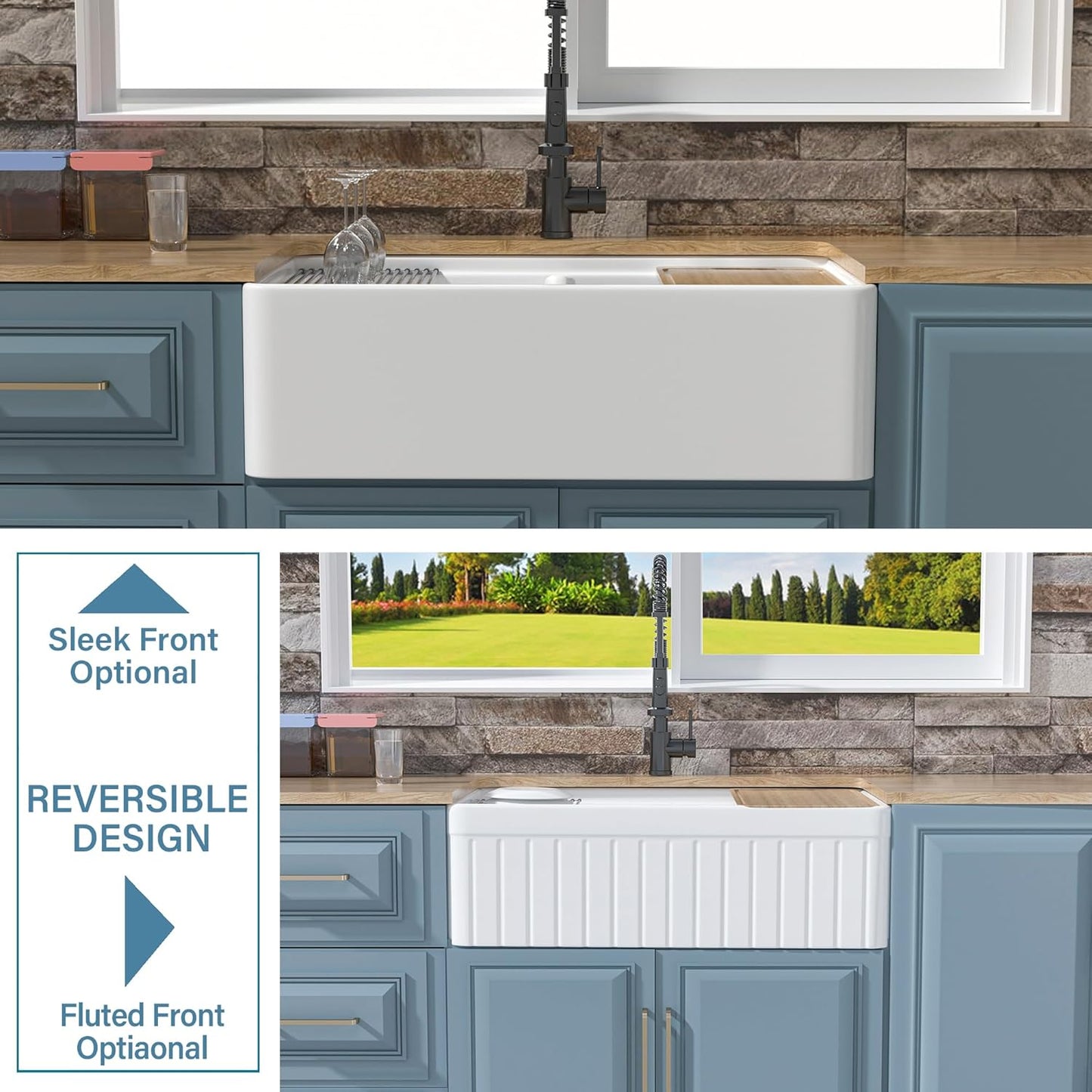 Double Bowl Farmhouse Sink Workstation White 33' x 20', Firecaly Apron Front Undermount Farm Sink Reversible