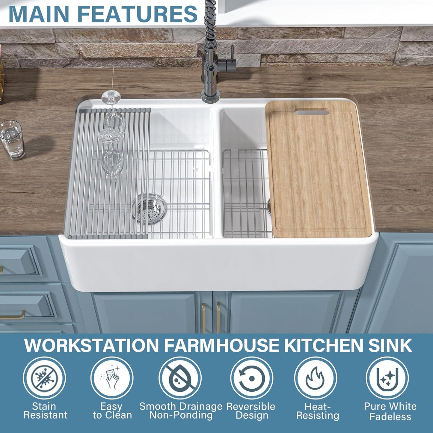 Double Bowl Farmhouse Sink Workstation White 33' x 20', Firecaly Apron Front Undermount Farm Sink Reversible
