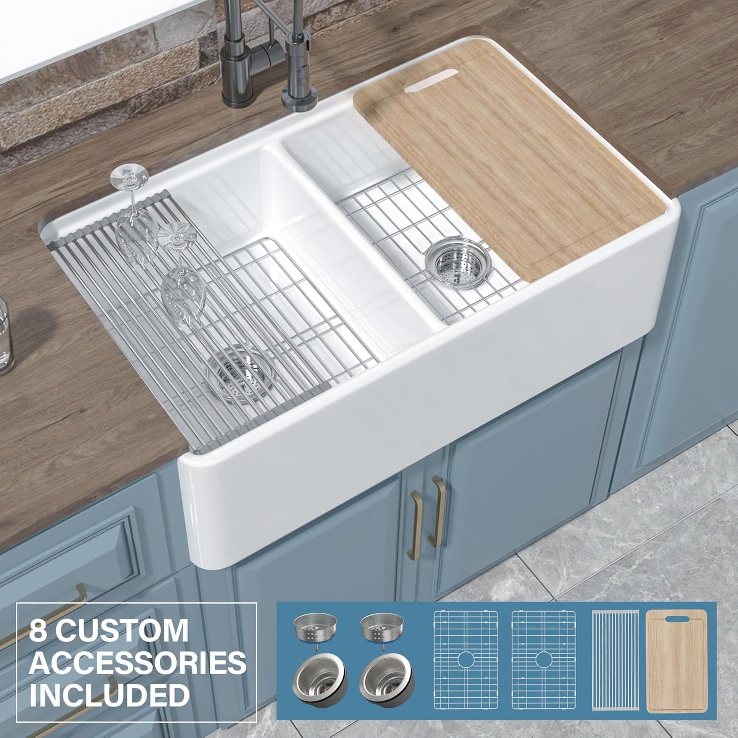 Double Bowl Farmhouse Sink Workstation White 33' x 20', Firecaly Apron Front Undermount Farm Sink Reversible