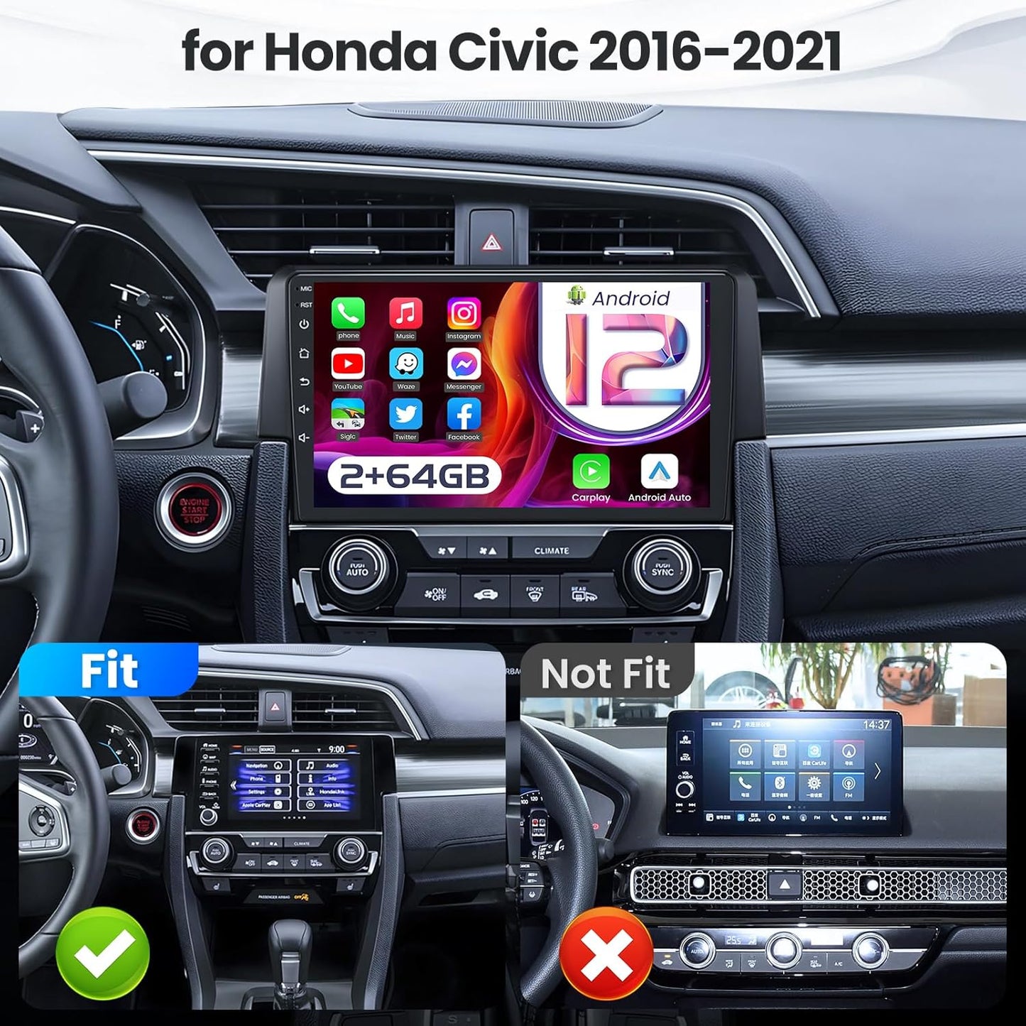 Car Stereo Radio for Honda Civic 2016-2021, 9 inch Touch Screen Wireless Carplay/Andriod, Mirror Link Backup Camera