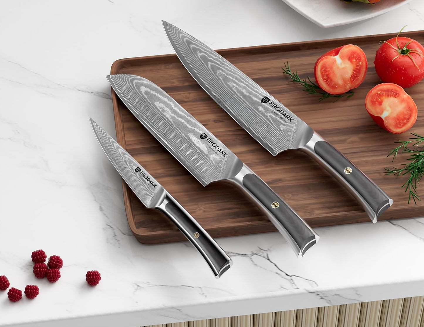 Damascus Chef Knife 3 PCS, VG10 Steel Full Tang Sharp Professional Chef Knife Set, Ergonomic Wooden Handle