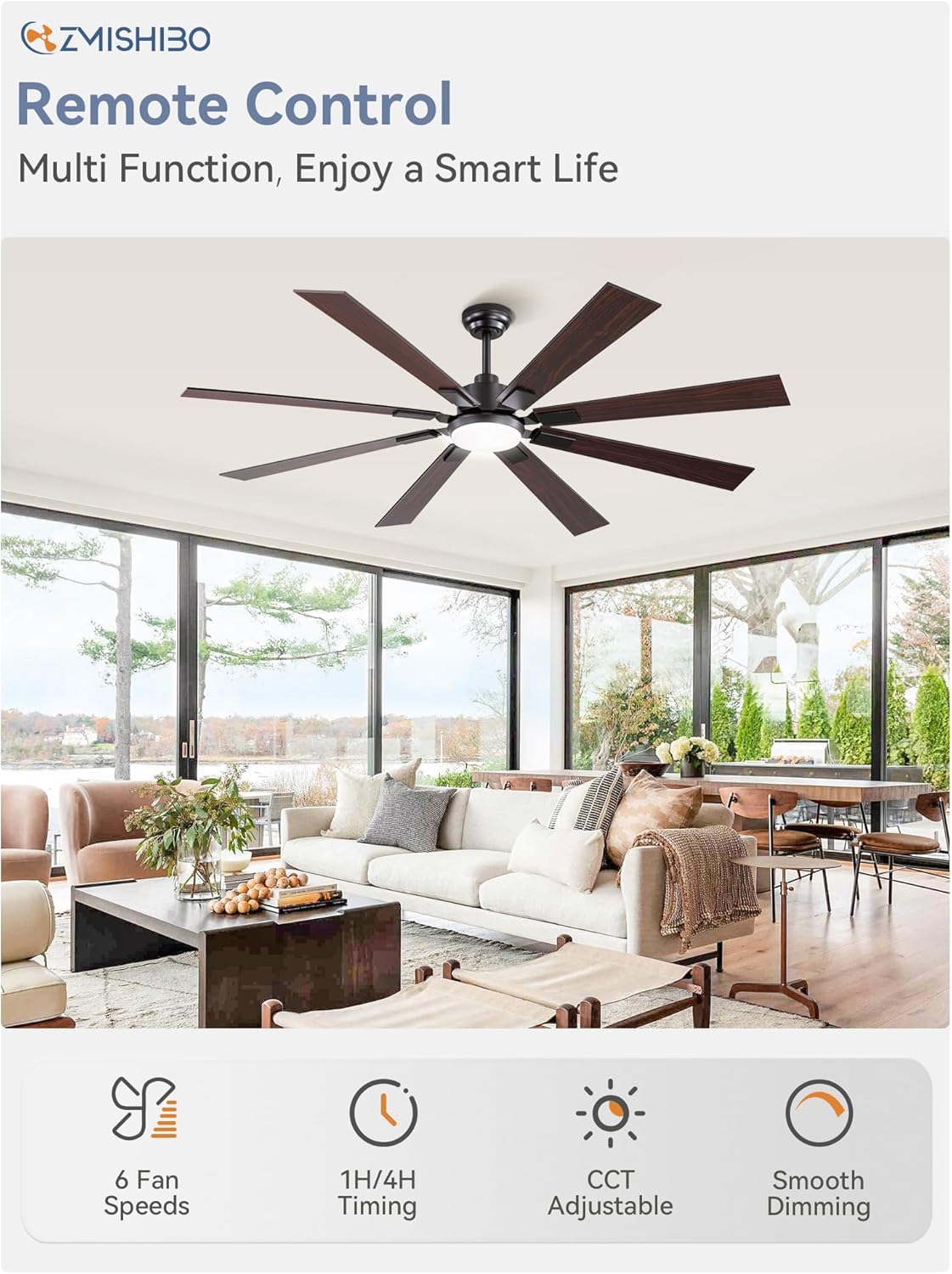 65 Inch Ceiling Fans with Lights and Remote, Black Large Ceiling Fan with 3000-6000K Dimmable, 6 Speeds