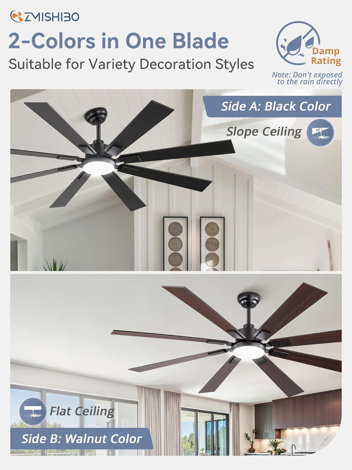 65 Inch Ceiling Fans with Lights and Remote, Black Large Ceiling Fan with 3000-6000K Dimmable, 6 Speeds