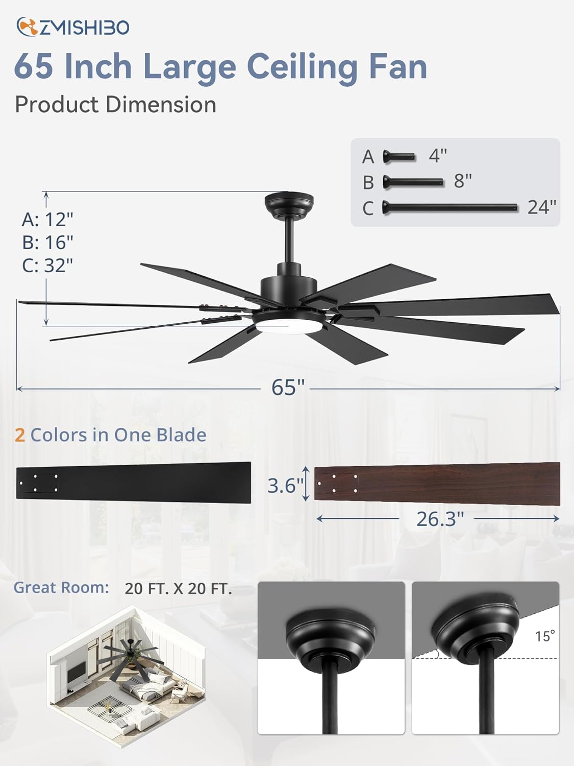 65 Inch Ceiling Fans with Lights and Remote, Black Large Ceiling Fan with 3000-6000K Dimmable, 6 Speeds