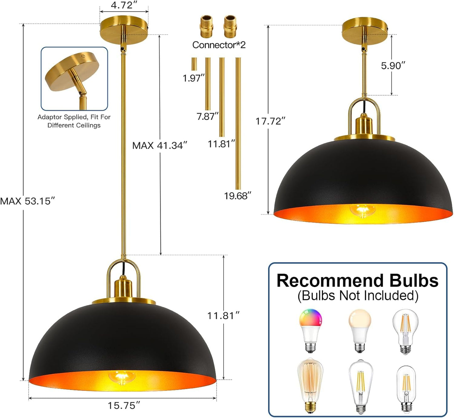 15.7-inch Pull-Down Large Modern Industrial Retro Dome Ceiling Pendant Light, Classic Country Farmhouse Style