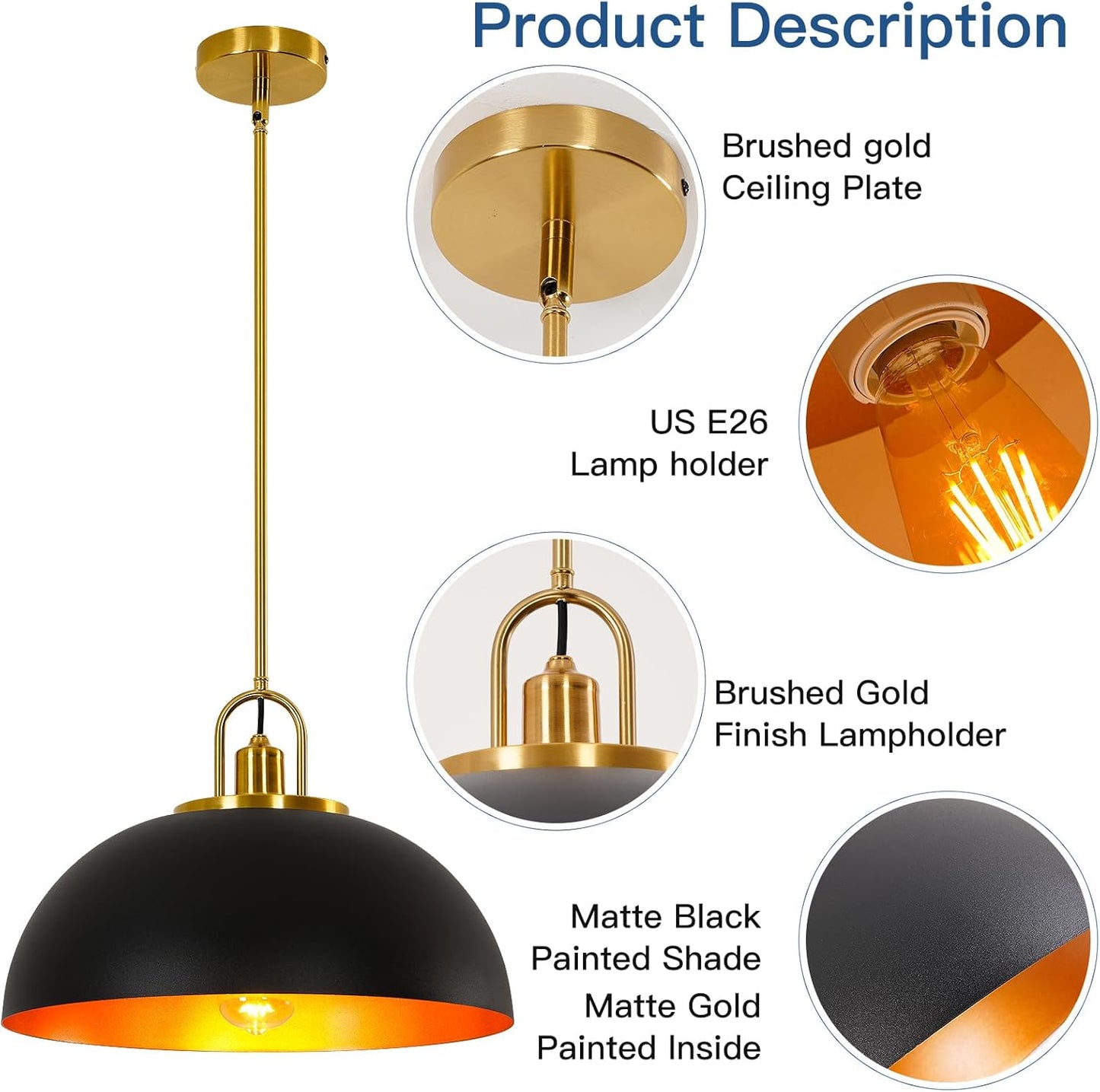 15.7-inch Pull-Down Large Modern Industrial Retro Dome Ceiling Pendant Light, Classic Country Farmhouse Style