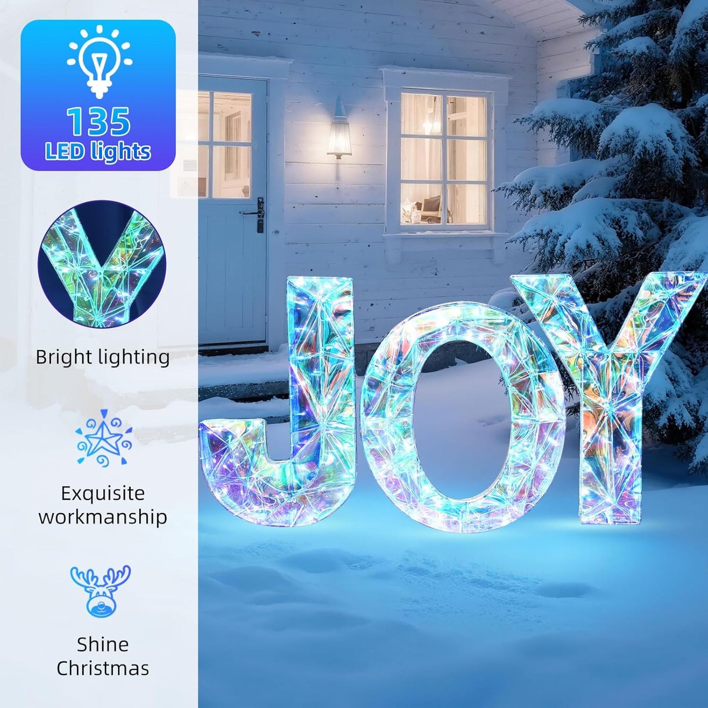 3-Piece Christmas Joy Yard Decoration, 3D Prismatic Lighted, 135 Lights, Ground Stakes