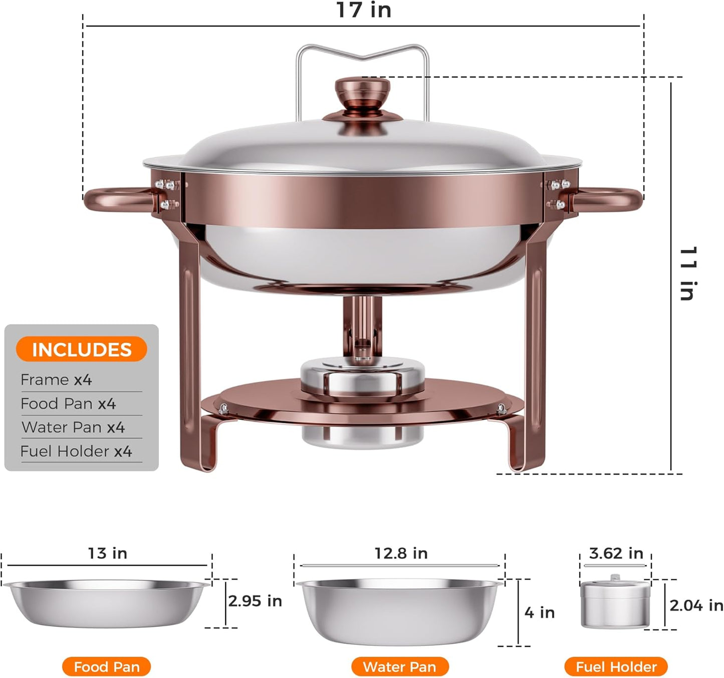 4Pack 6QT Round Chafing Dish Buffet Set Food Warmer, 18/8 (304) Stainless Steel Food Pan with Lid