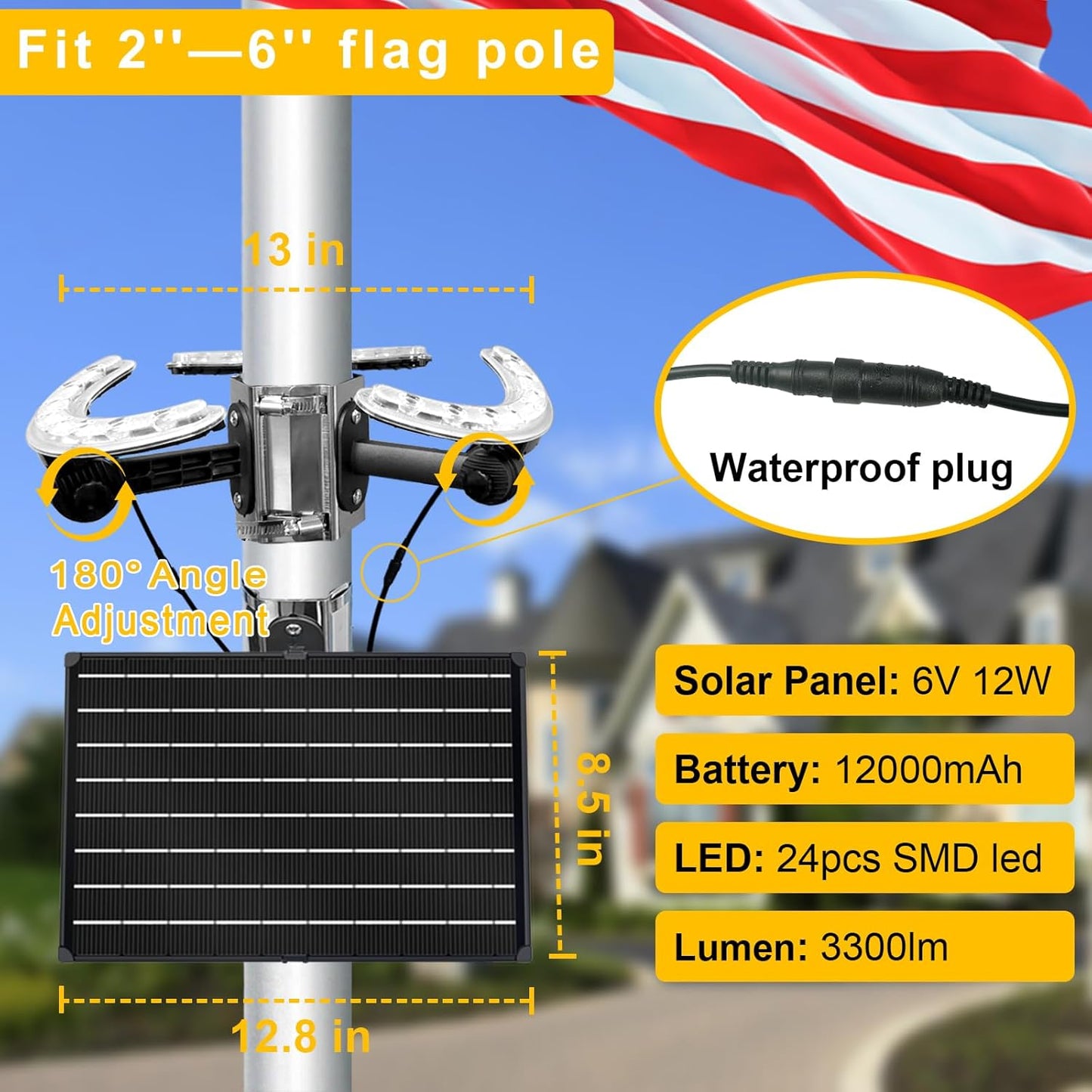 Solar Powered Flag Pole Light, Outdoor IP65 Waterproof Dusk to Dawn, Fits 2''-6'' Diameter American Flagpole