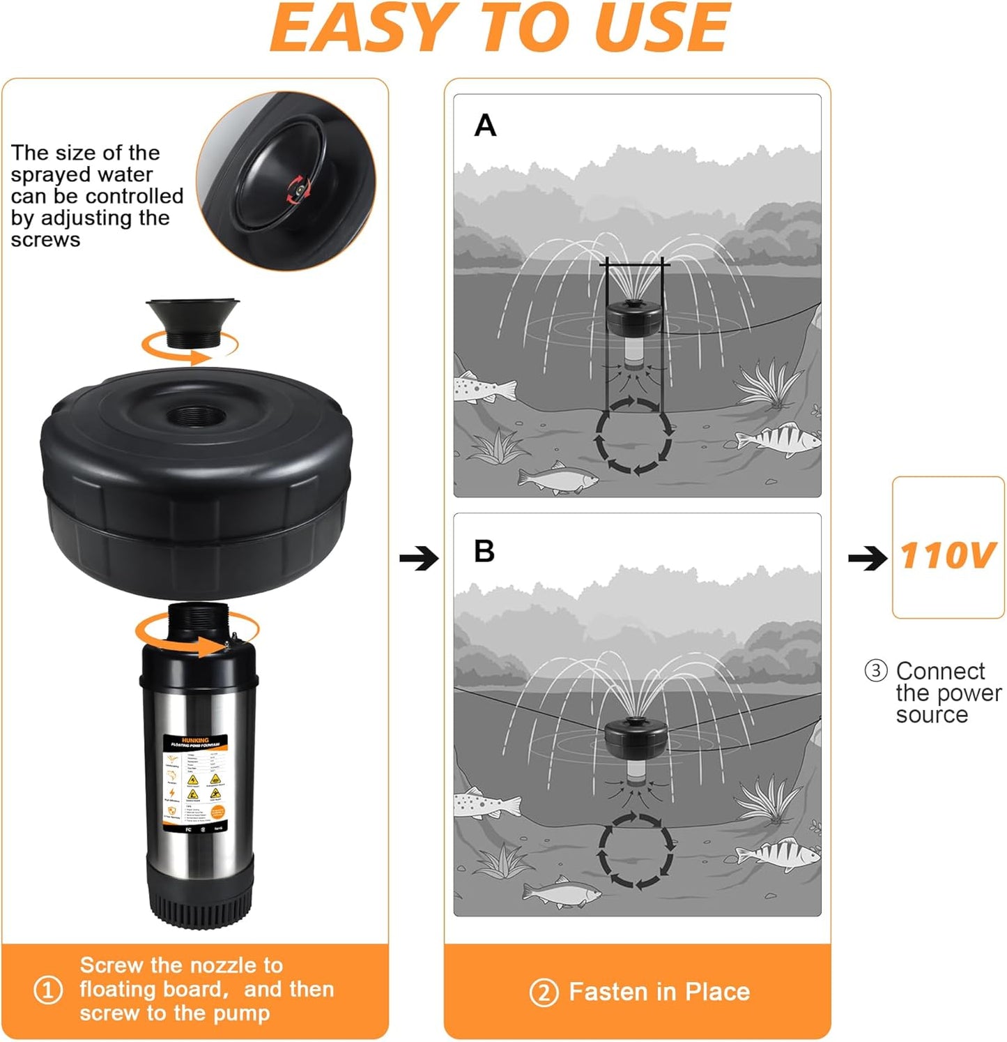 Pond Fountain Aerator, 1HP 750W 110V Stainless Steel, Floating Fountain with 100ft Power Cord & Rope & Timer