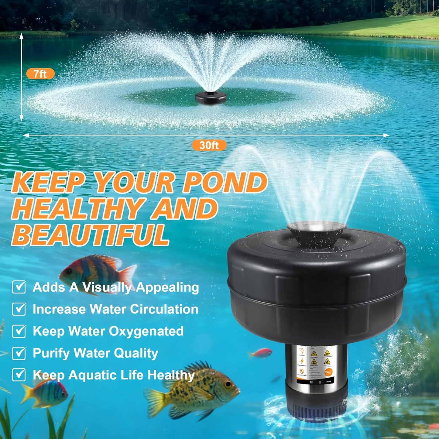 Pond Fountain Aerator, 1HP 750W 110V Stainless Steel, Floating Fountain with 100ft Power Cord & Rope & Timer