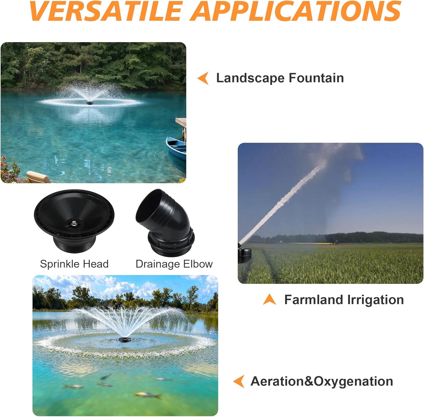 Pond Fountain Aerator, 1HP 750W 110V Stainless Steel, Floating Fountain with 100ft Power Cord & Rope & Timer