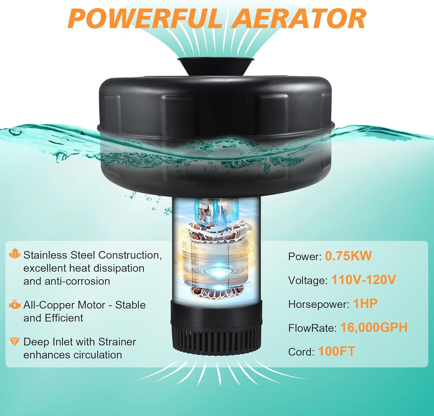 Pond Fountain Aerator, 1HP 750W 110V Stainless Steel, Floating Fountain with 100ft Power Cord & Rope & Timer