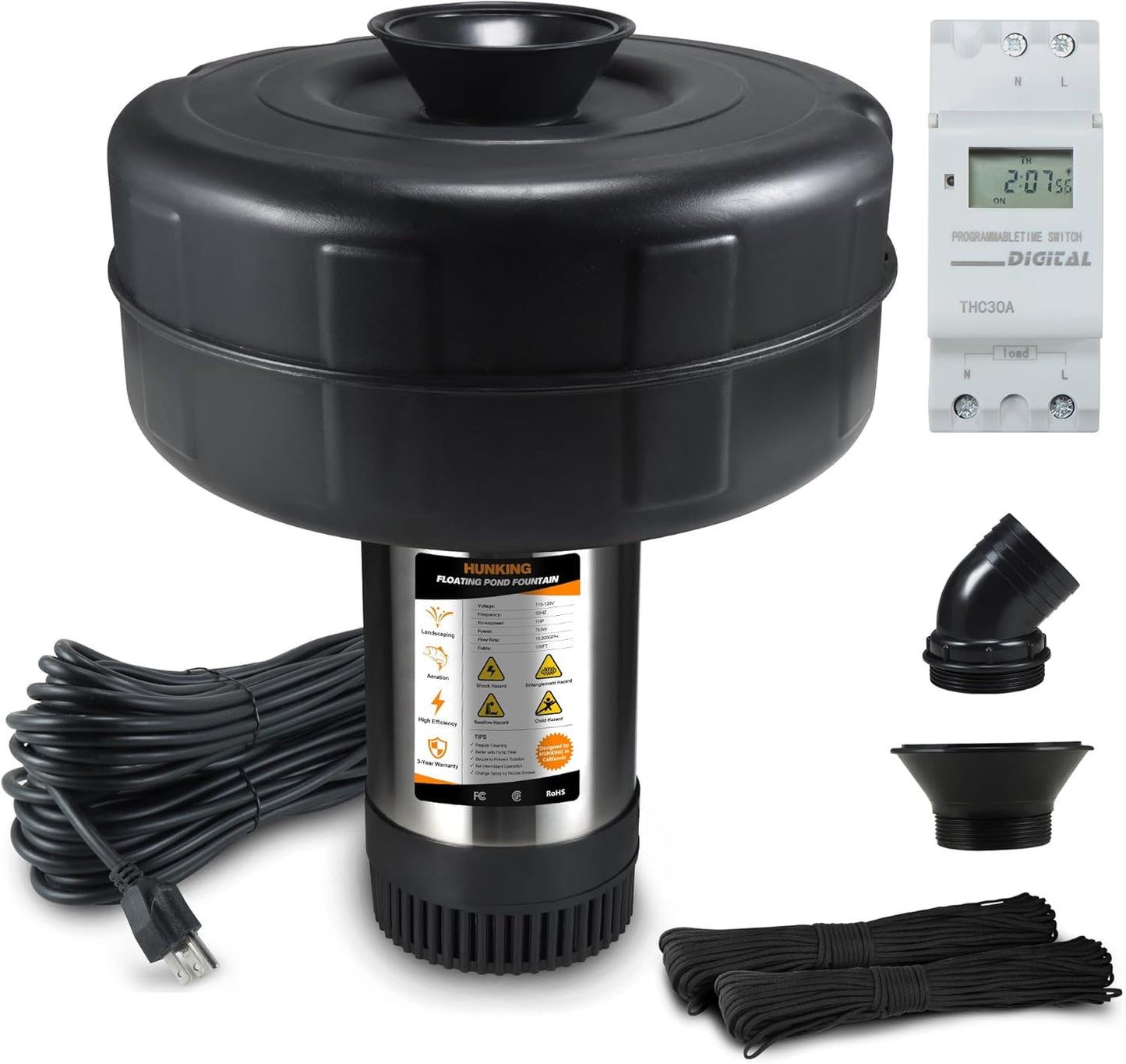 Pond Fountain Aerator, 1HP 750W 110V Stainless Steel, Floating Fountain with 100ft Power Cord & Rope & Timer