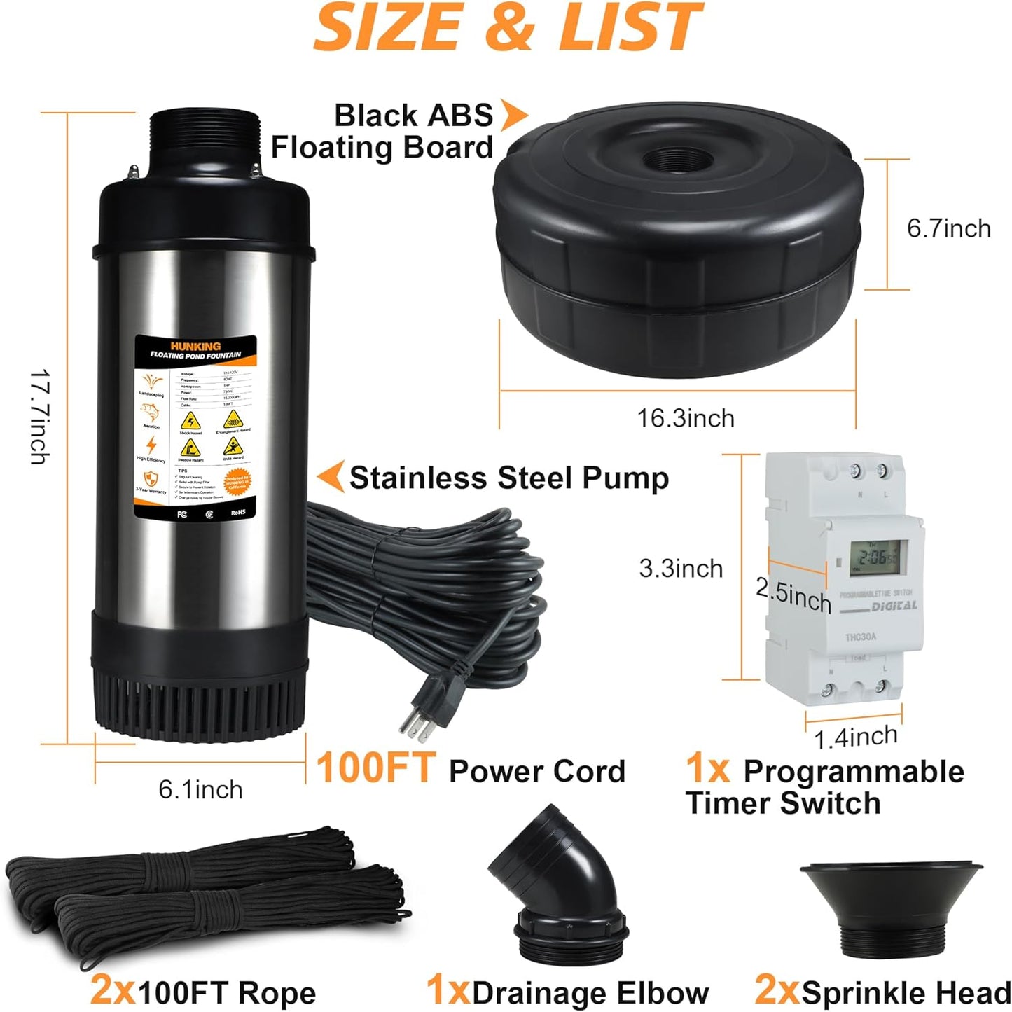 Pond Fountain Aerator, 1HP 750W 110V Stainless Steel, Floating Fountain with 100ft Power Cord & Rope & Timer