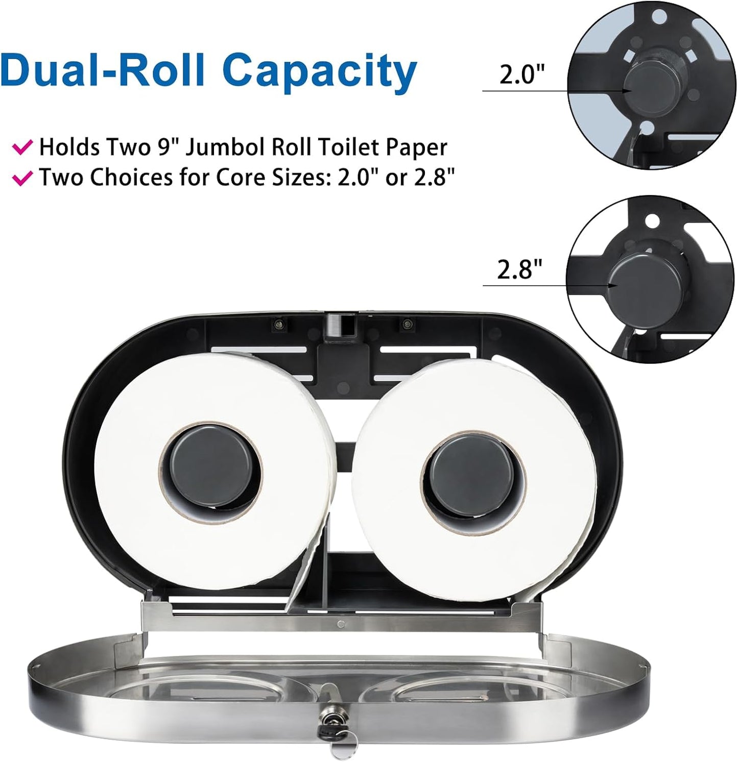 Twin Jumbo Toilet Paper Dispenser Wall Mount, 9' Commercial Stainless Steel Double Roll, with Lock