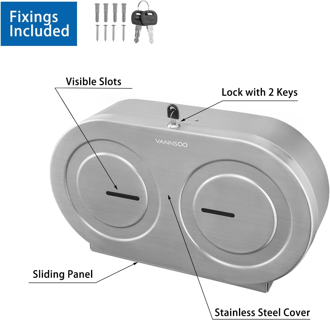 Twin Jumbo Toilet Paper Dispenser Wall Mount, 9' Commercial Stainless Steel Double Roll, with Lock