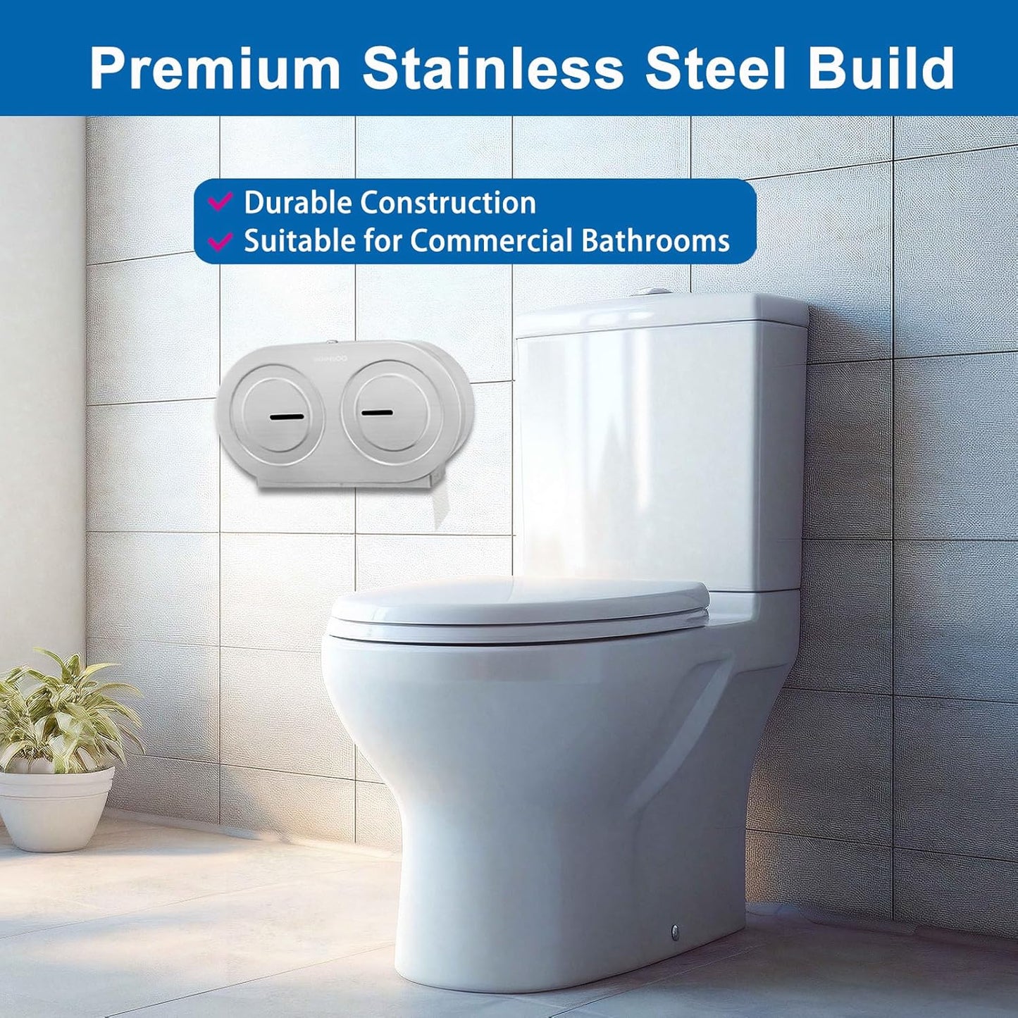 Twin Jumbo Toilet Paper Dispenser Wall Mount, 9' Commercial Stainless Steel Double Roll, with Lock
