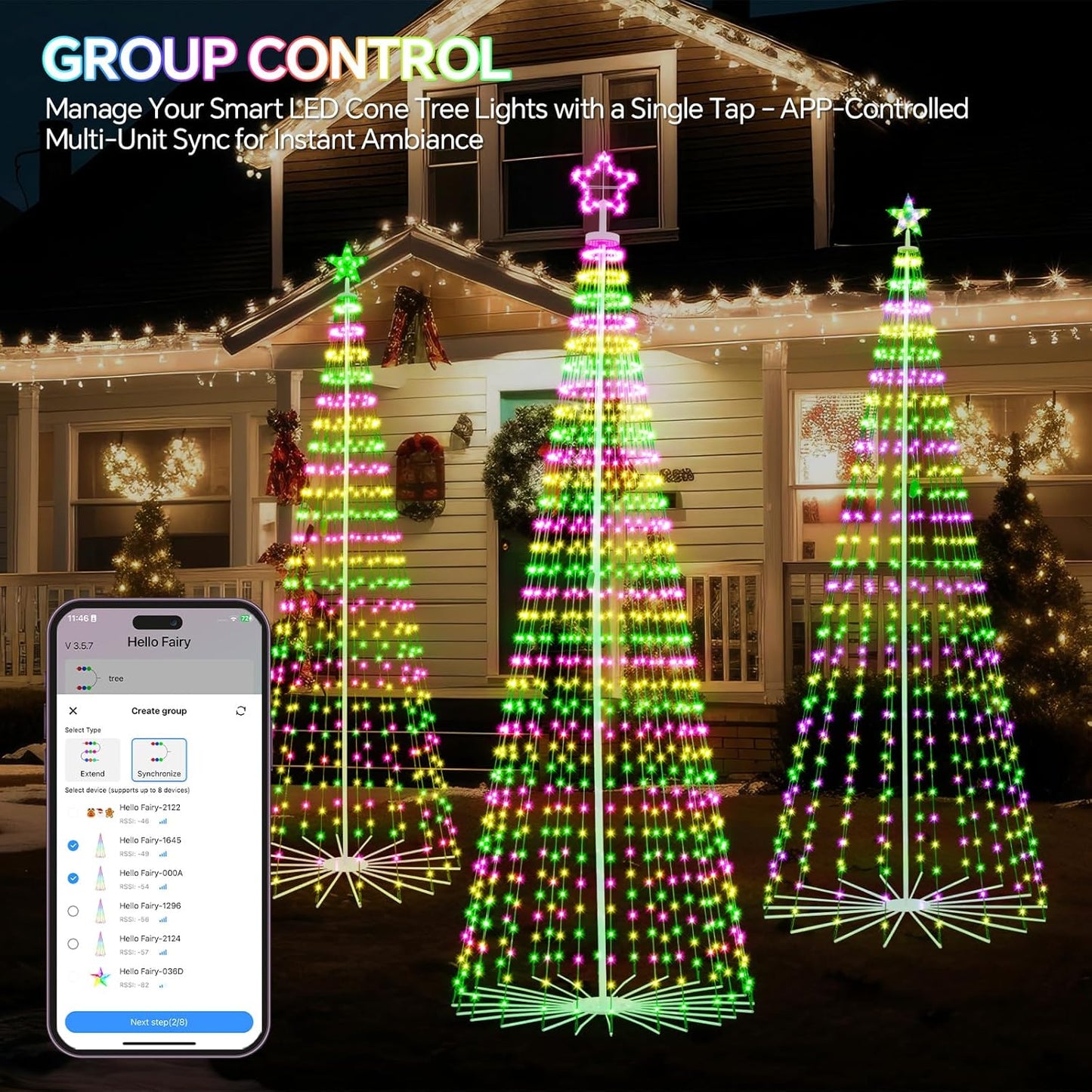 FANCILLUMA 12 FT Smart Christmas Cone Tree Lights, 832 LED Lighted Outdoor Christmas Tree with Remote & App Control Timer, Music Sync, DIY RGB