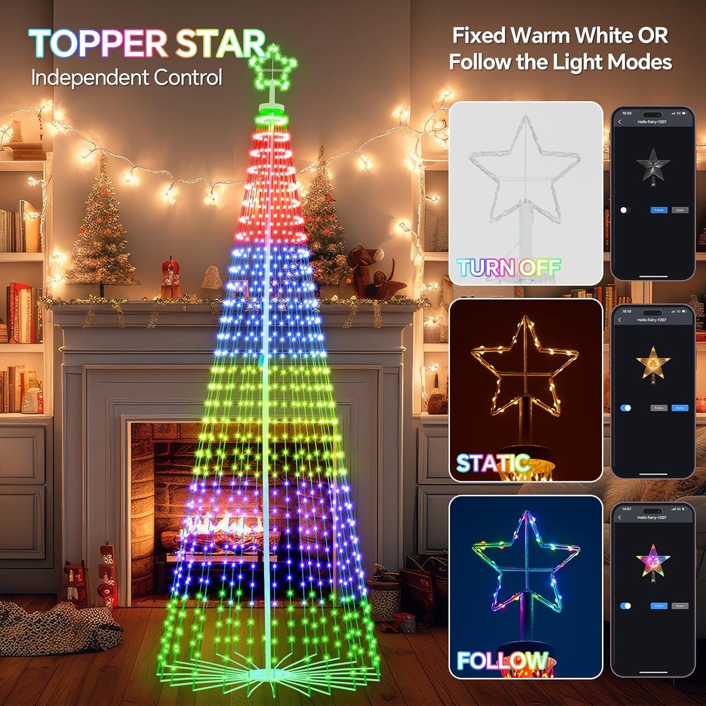 FANCILLUMA 12 FT Smart Christmas Cone Tree Lights, 832 LED Lighted Outdoor Christmas Tree with Remote & App Control Timer, Music Sync, DIY RGB