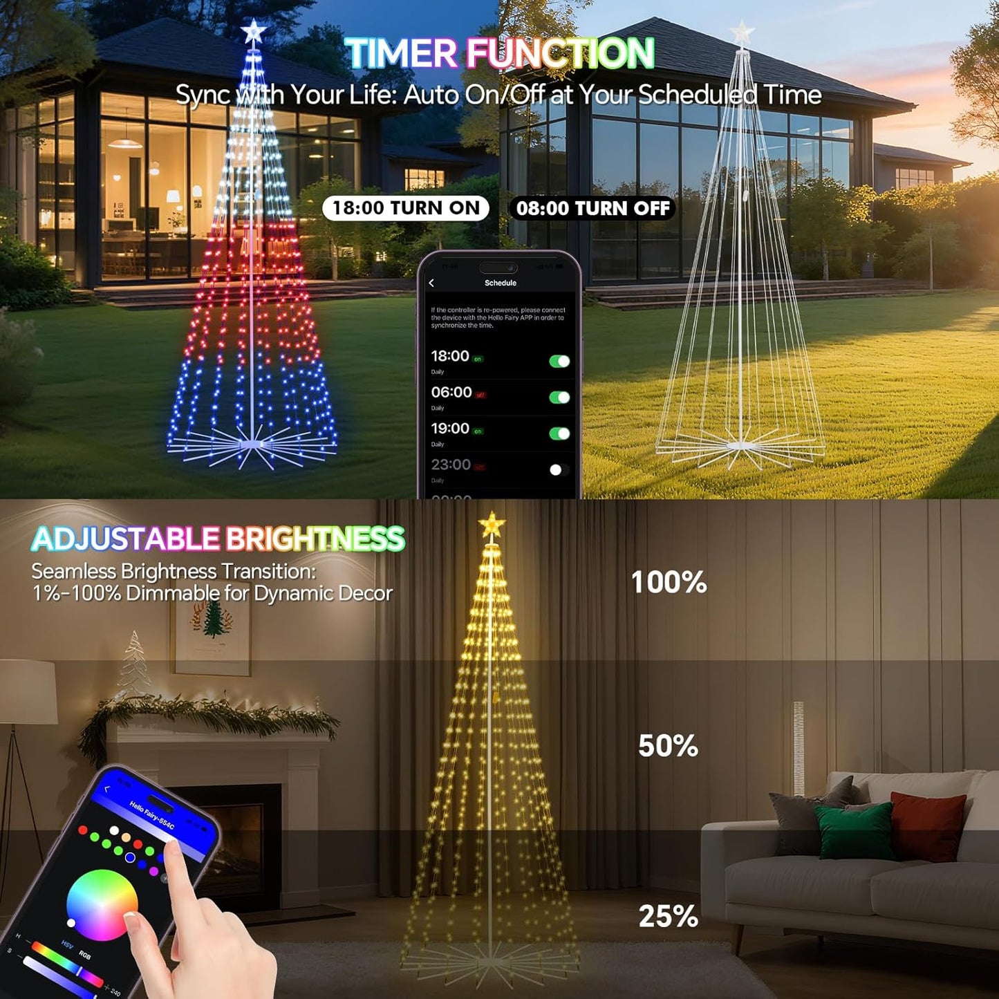 FANCILLUMA 12 FT Smart Christmas Cone Tree Lights, 832 LED Lighted Outdoor Christmas Tree with Remote & App Control Timer, Music Sync, DIY RGB