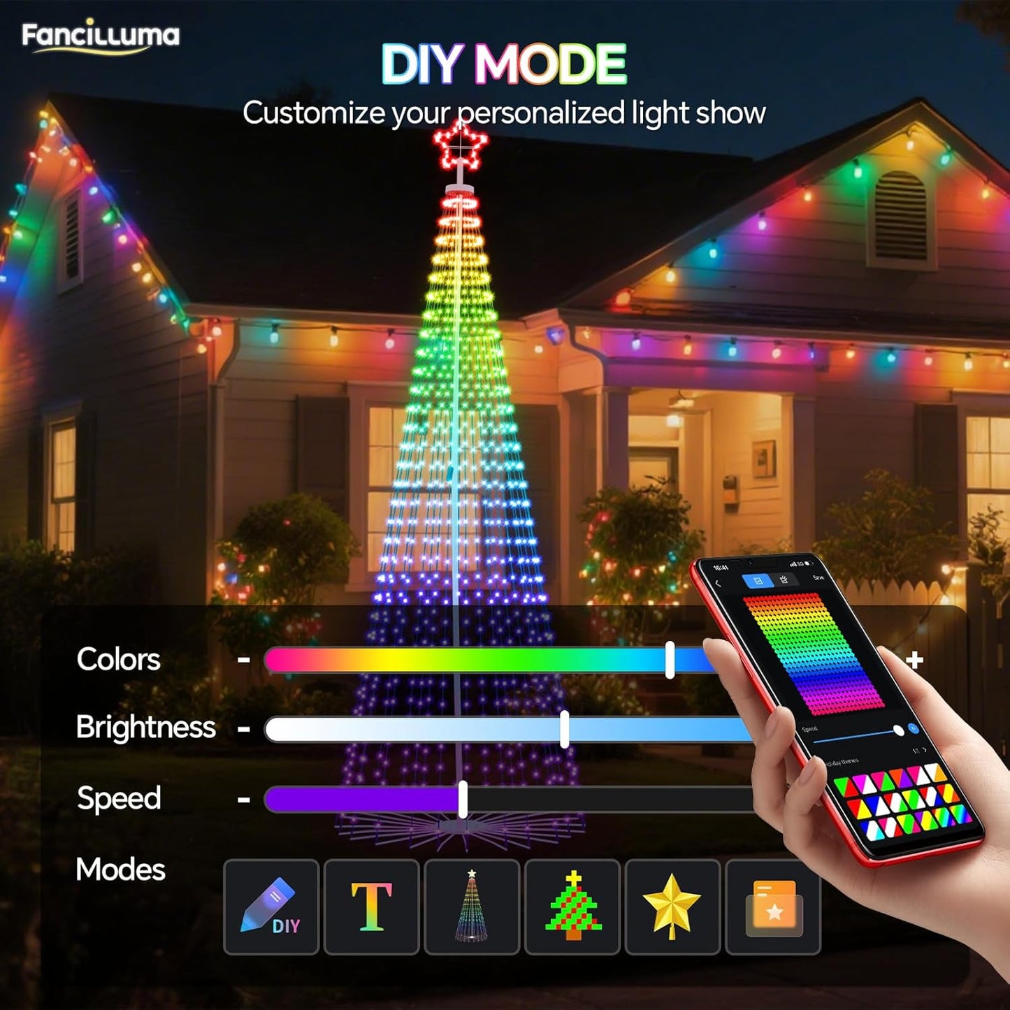 FANCILLUMA 12 FT Smart Christmas Cone Tree Lights, 832 LED Lighted Outdoor Christmas Tree with Remote & App Control Timer, Music Sync, DIY RGB