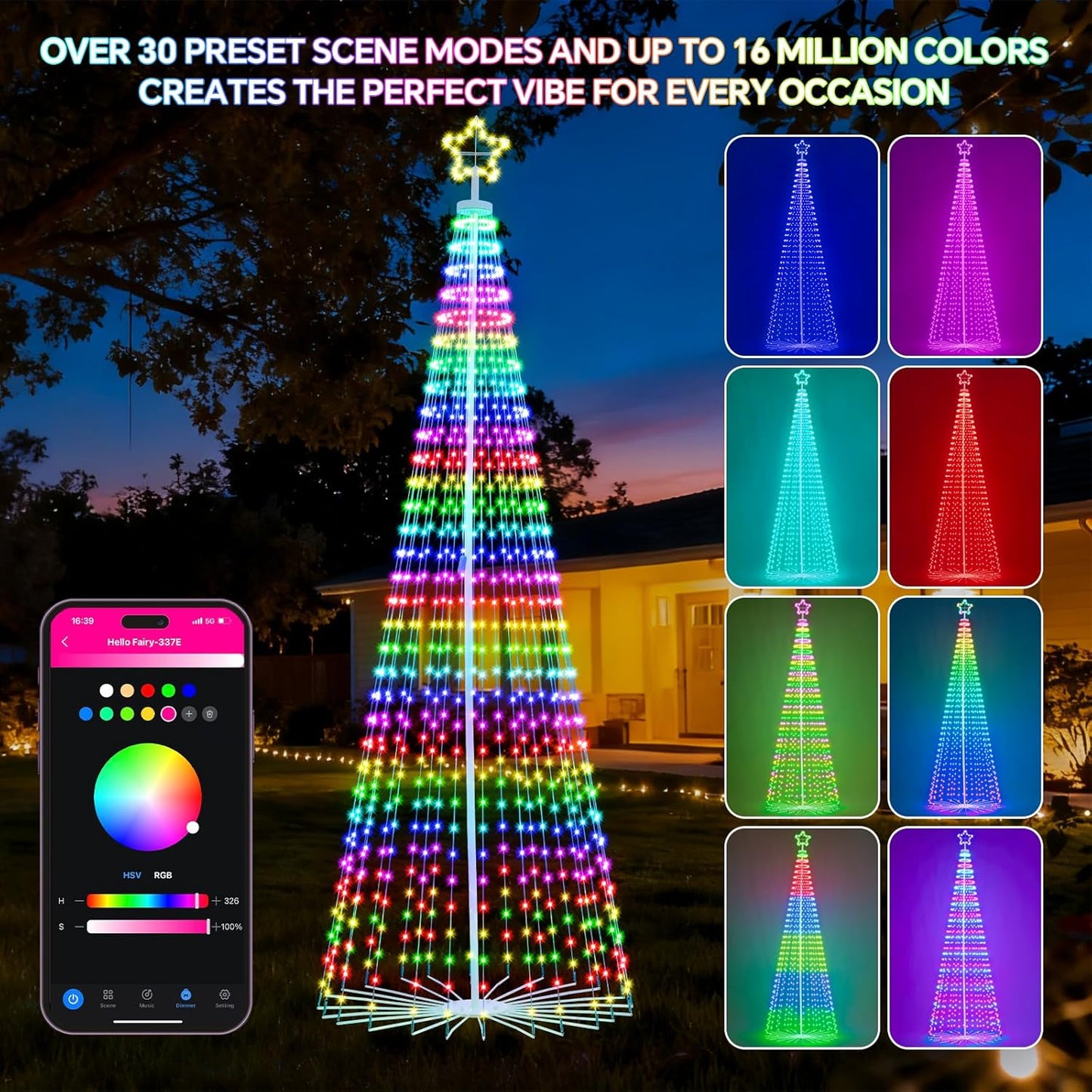 FANCILLUMA 12 FT Smart Christmas Cone Tree Lights, 832 LED Lighted Outdoor Christmas Tree with Remote & App Control Timer, Music Sync, DIY RGB