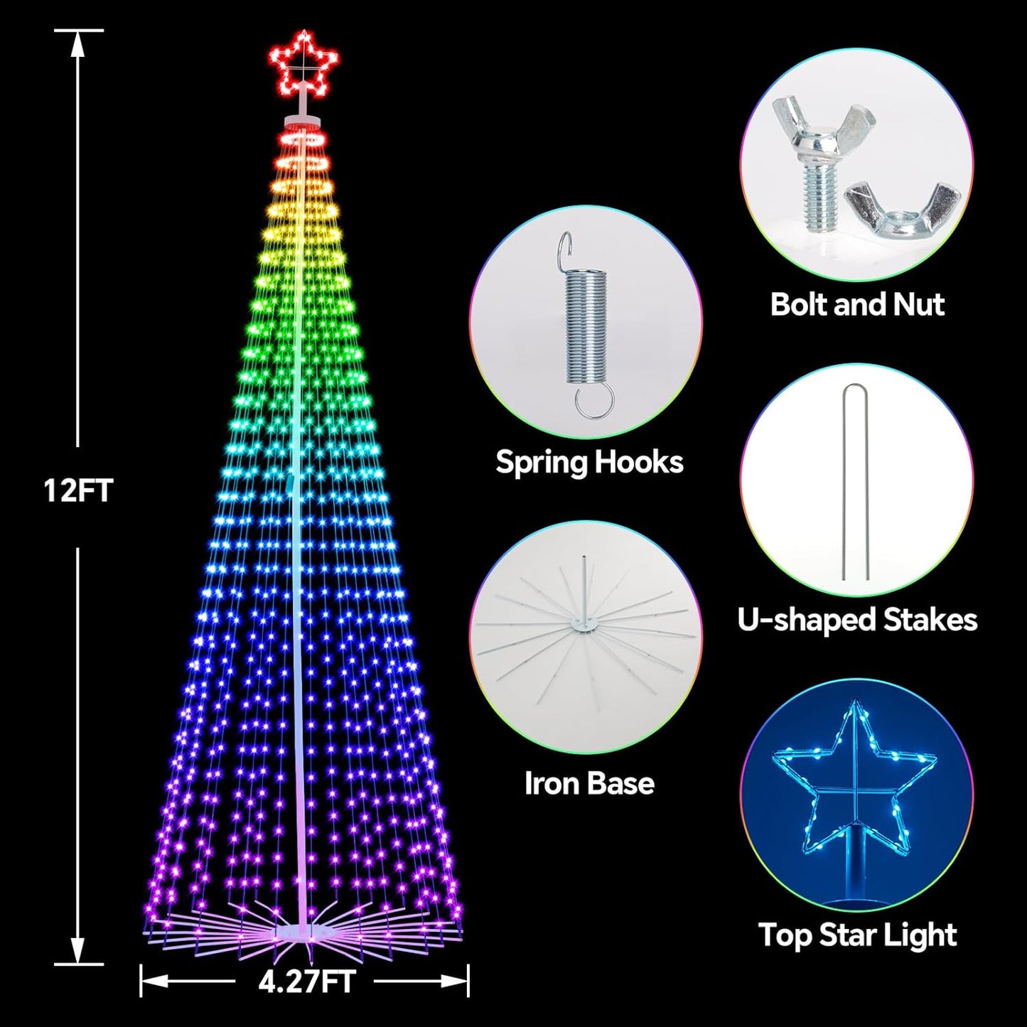 FANCILLUMA 12 FT Smart Christmas Cone Tree Lights, 832 LED Lighted Outdoor Christmas Tree with Remote & App Control Timer, Music Sync, DIY RGB