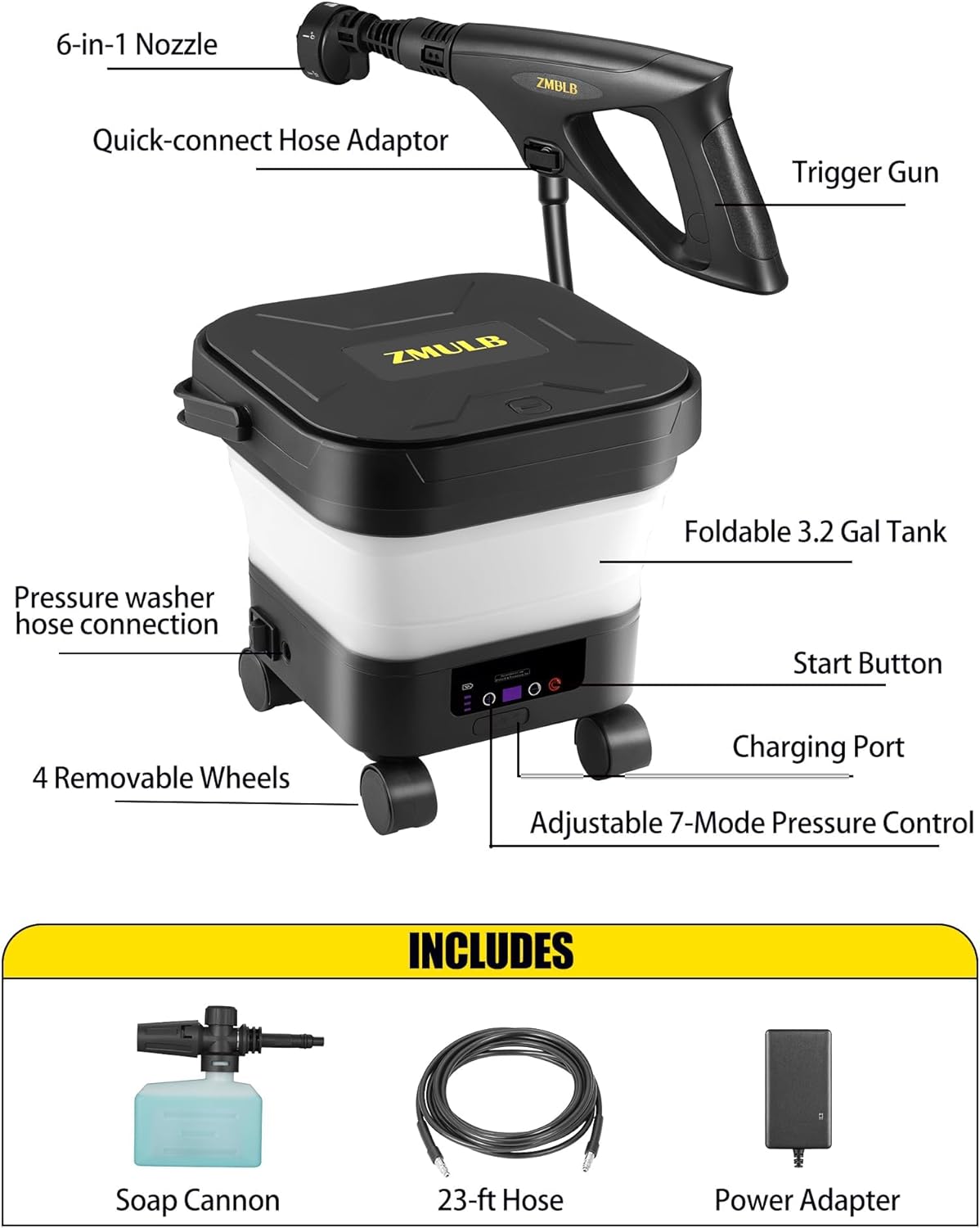 Cordless Power Washer with 3.2Gal Water Tank, 522 Max PSI, 23FT Hose, 20000mAh Lithium Battery, 6 in 1 Nozzle
