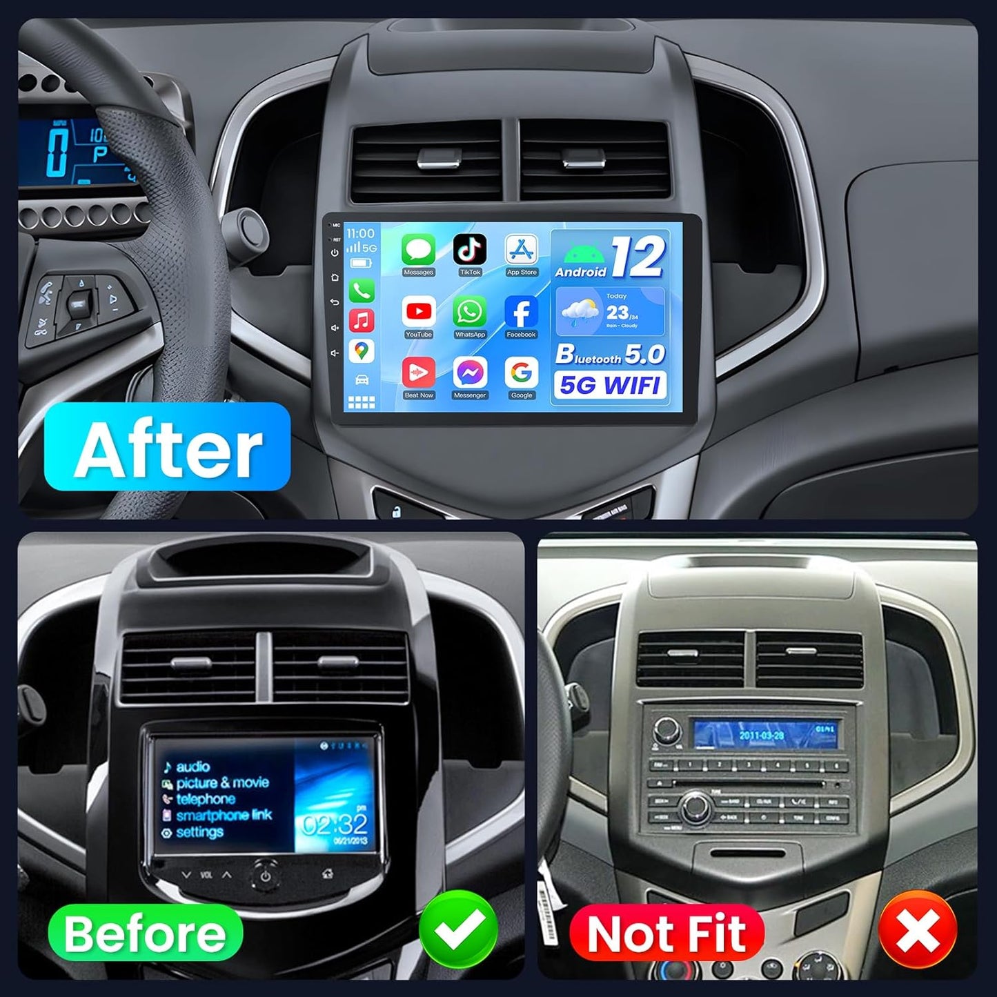 Car Radio for Chevy Aveo Sonic 2012-2016, 9' Touchscreen, w/ Wireless Carplay Android Auto Bluetooth, Backup Camera