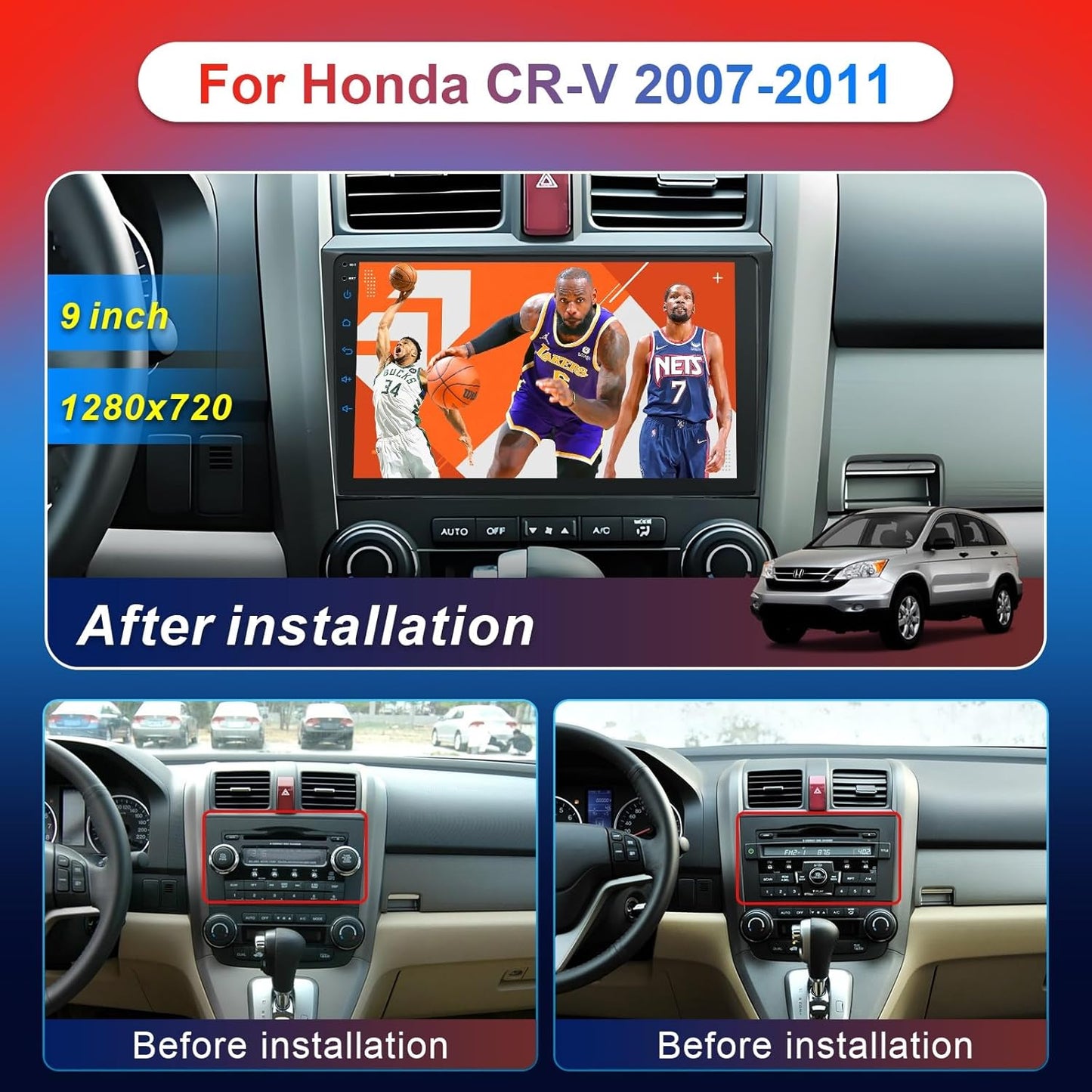 Car Radio Stereo for Honda CRV 2007- 2011, Wireless Apple Carplay/Android Auto, 9' Touch Screen, Bluetooth FM/GPS