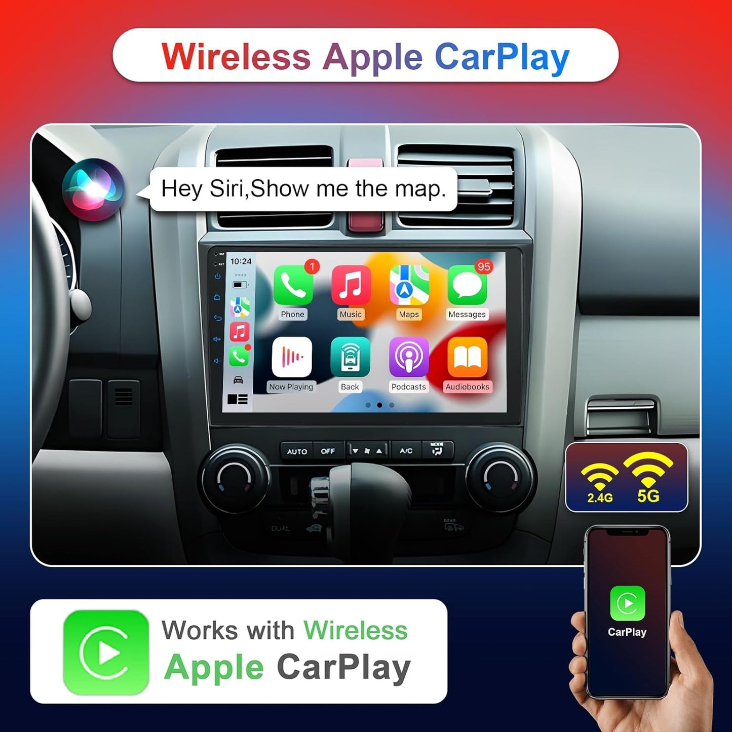 Car Radio Stereo for Honda CRV 2007- 2011, Wireless Apple Carplay/Android Auto, 9' Touch Screen, Bluetooth FM/GPS