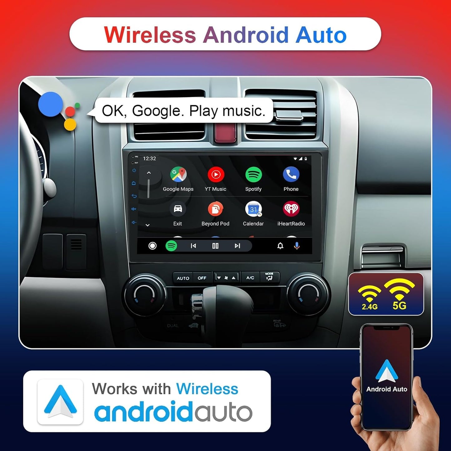 Car Radio Stereo for Honda CRV 2007- 2011, Wireless Apple Carplay/Android Auto, 9' Touch Screen, Bluetooth FM/GPS