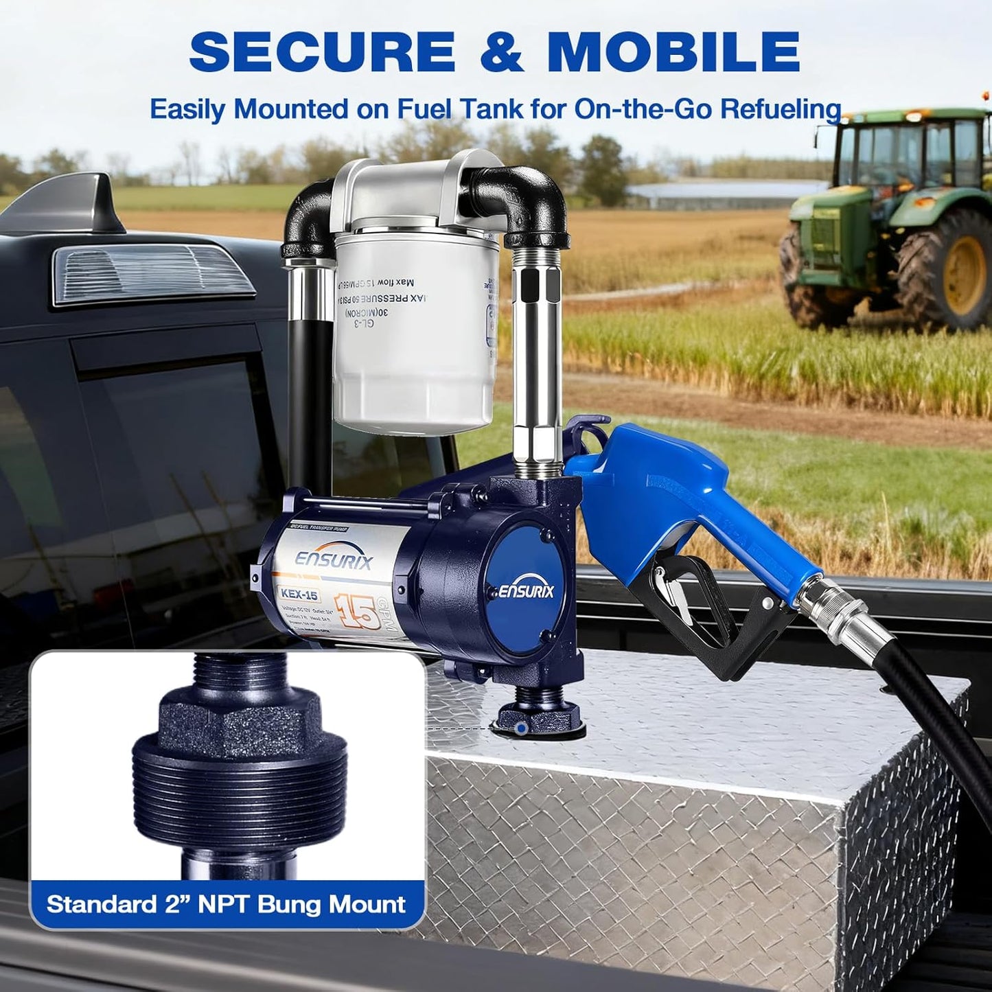 12V Fuel Transfer Pump 15 GPM, Diesel, Gasoline, Kerosene with Auto Shut Off Nozzle, Hose & Filter