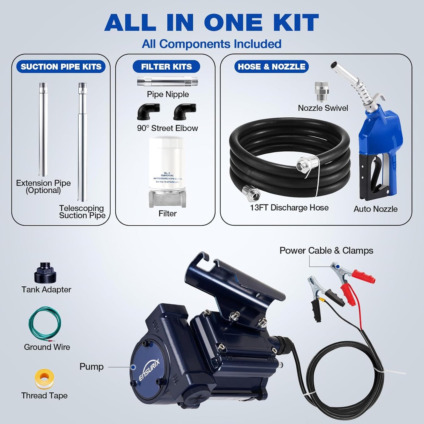12V Fuel Transfer Pump 15 GPM, Diesel, Gasoline, Kerosene with Auto Shut Off Nozzle, Hose & Filter