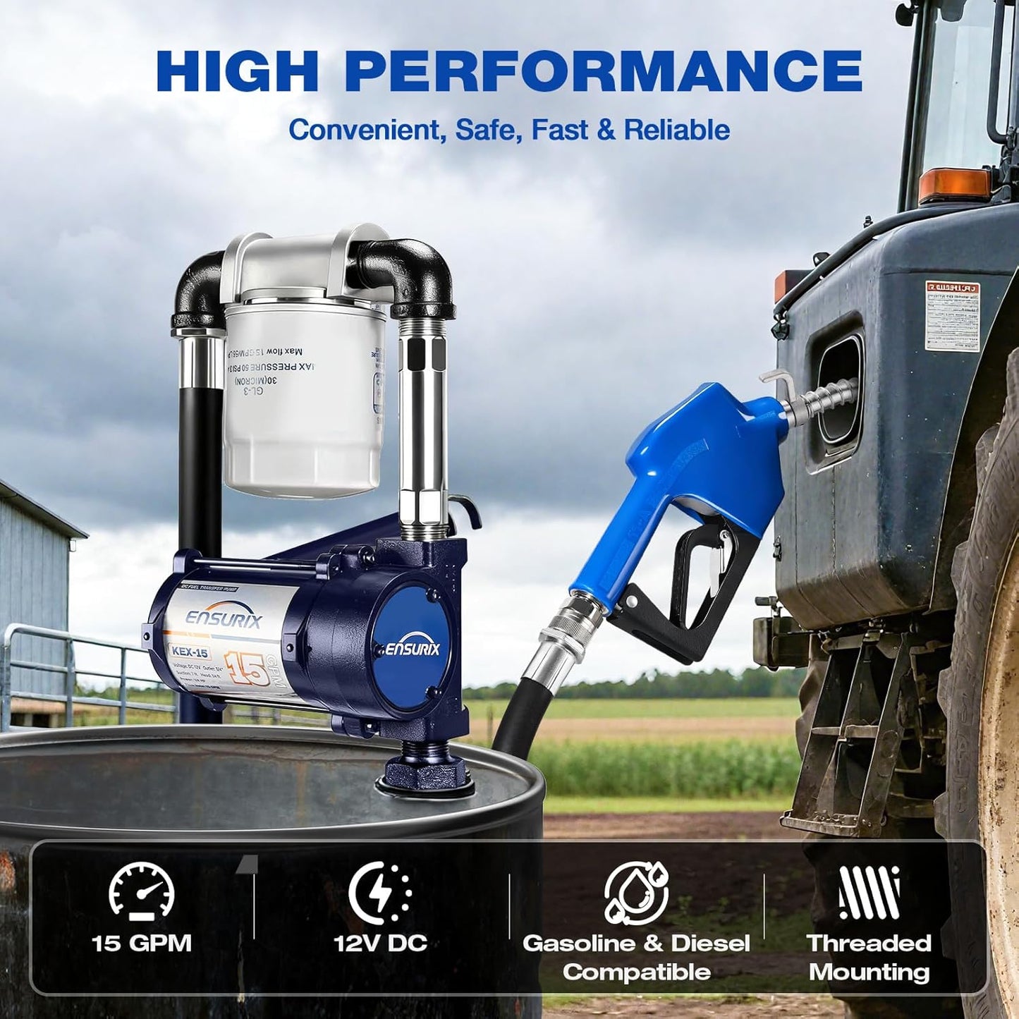 12V Fuel Transfer Pump 15 GPM, Diesel, Gasoline, Kerosene with Auto Shut Off Nozzle, Hose & Filter