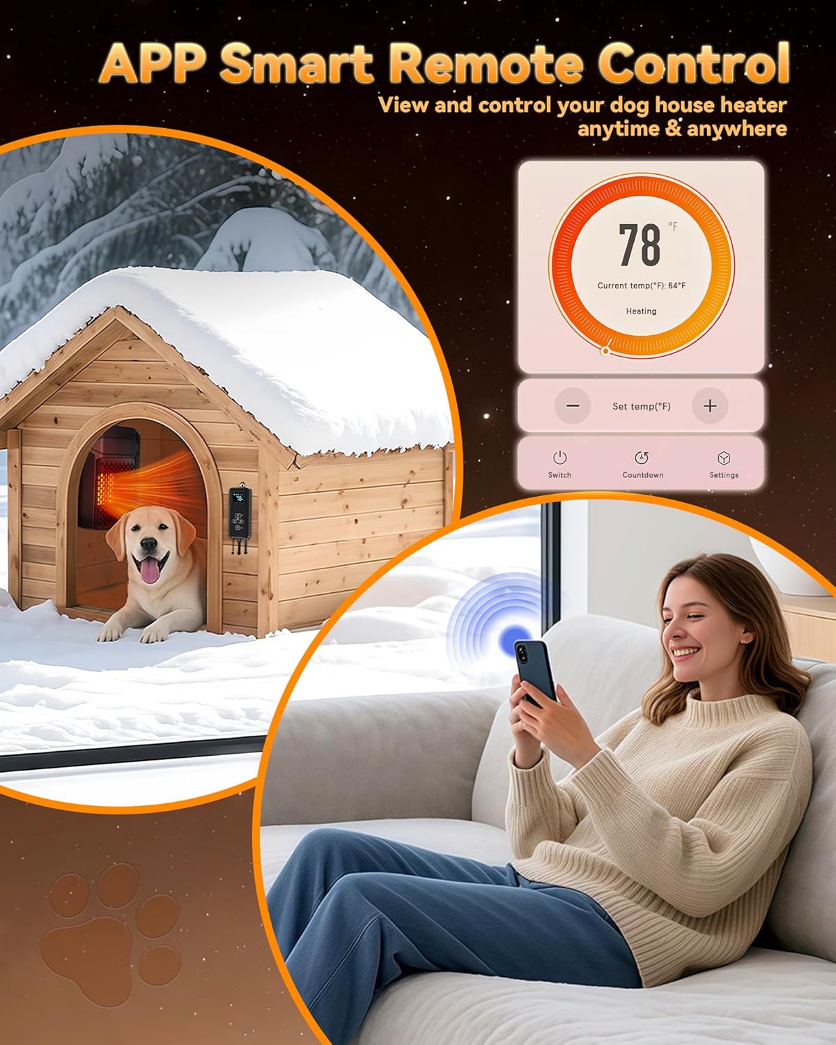 Dog House Heater with Thermostat & Smart APP, Adjustable Temp & Timer, NO User Manual Included!!