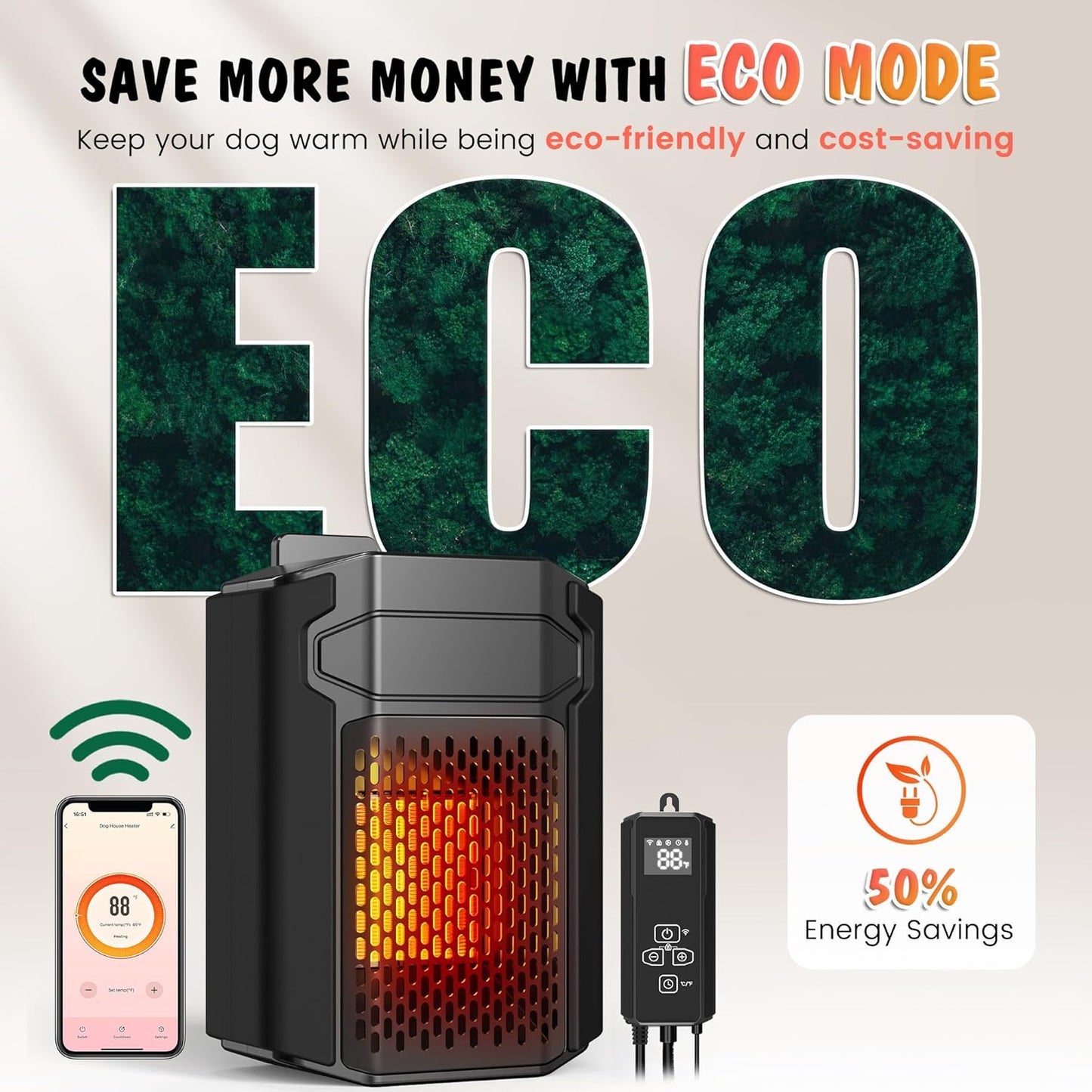 Dog House Heater Outdoor w/ Thermostat, 500W, WIFI APP, 2.03' External Temperature Probe, Adjustable Temp & Timer