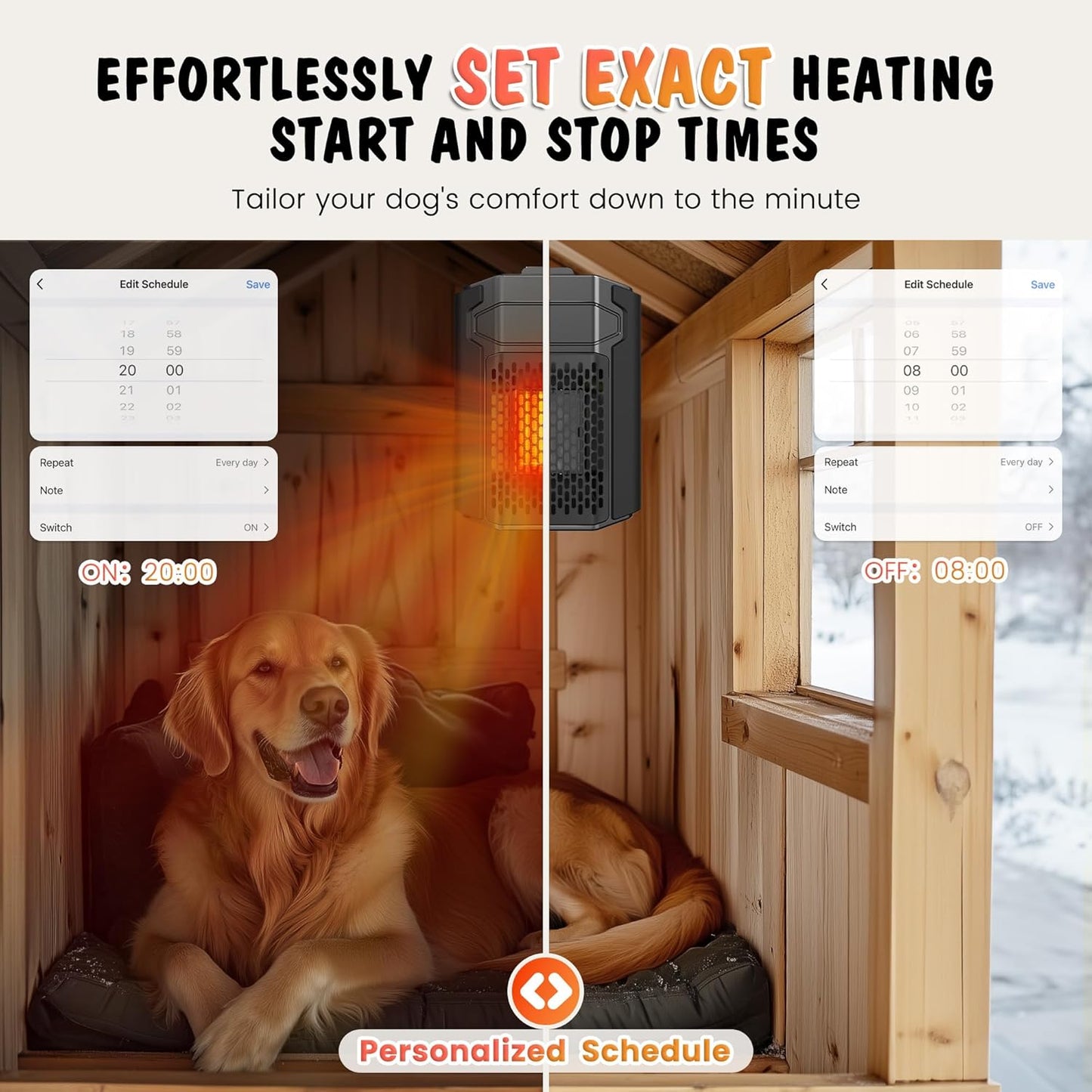 Dog House Heater Outdoor w/ Thermostat, 500W, WIFI APP, 2.03' External Temperature Probe, Adjustable Temp & Timer