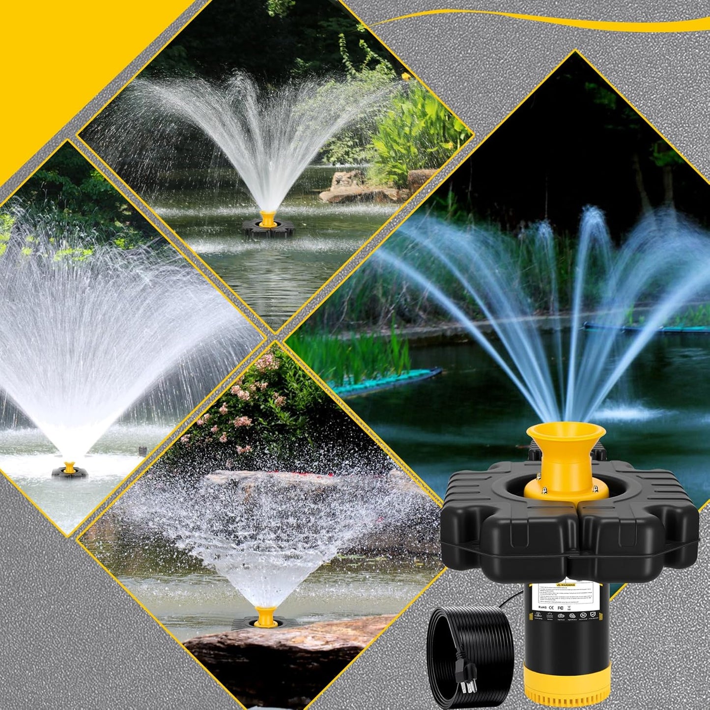 Pond Fountain Aerator, 1HP 15000 GPH, with Timer & 100FT Rope & Cord