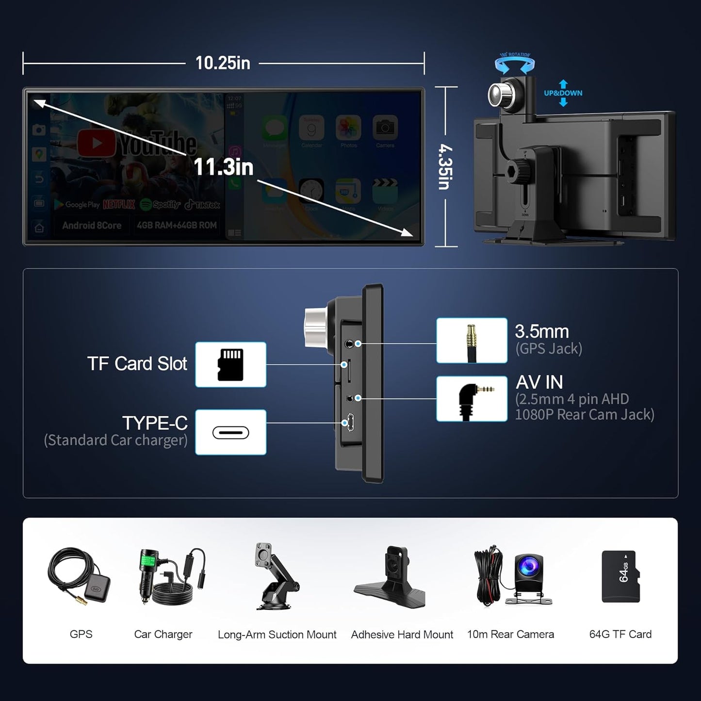10.25' QLED Carplay Screen for Car Android 8Core 4G+64G Apple CarPlay & Android Auto