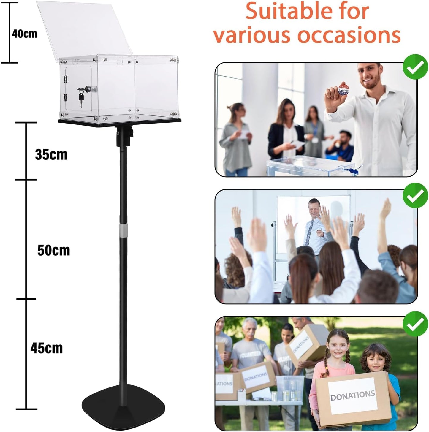 Suggestion Box w/ Stand, Heavy-Duty Metal Base, Lockable Polycarbonate Ballot Box w/ Adjustable Height, Sign Holder