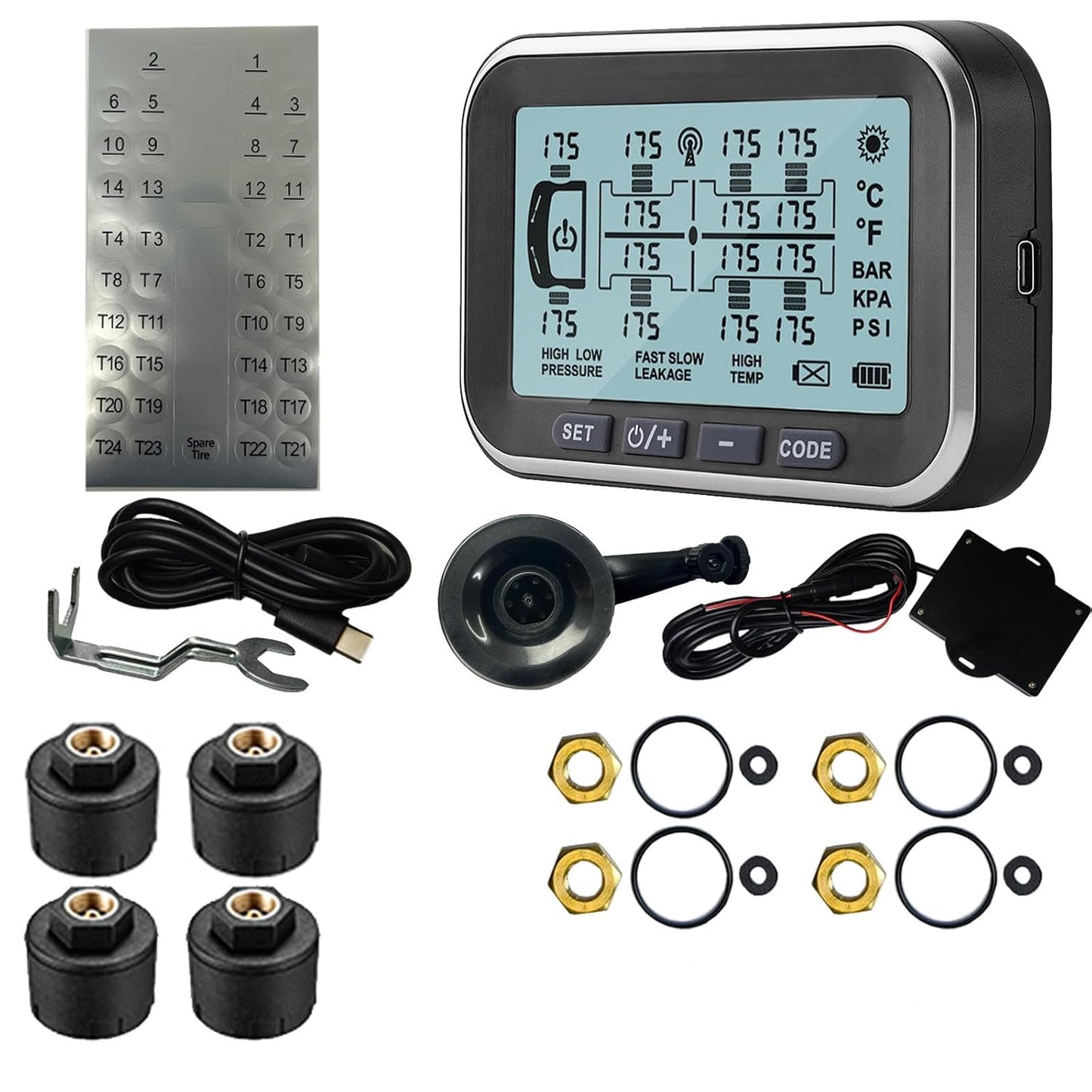 Tire Pressure Monitoring System, (0-199PSI) TM14 TPMS 4.5' Screen with 4 Sensors, Repeater, 6 Alert Modes