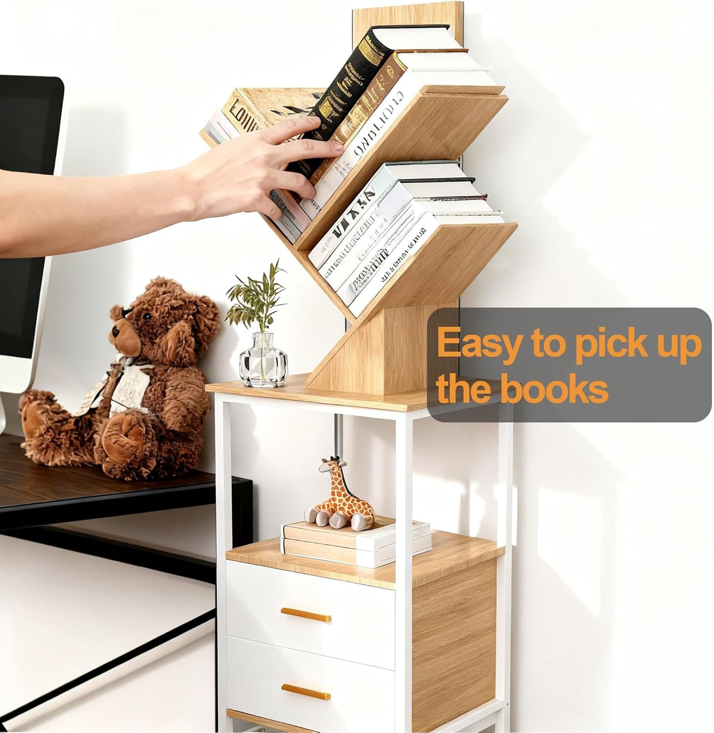 Bookshelf with Double Drawer, 5 Shelf Tree Bookshelf, Wooden Bookshelves Storage Rack, White Drawer