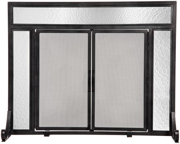 Metal Fireplace Screen Glass Black 38'x 31', Dual Magnetic Hinged Doors, Spark Guard Cover