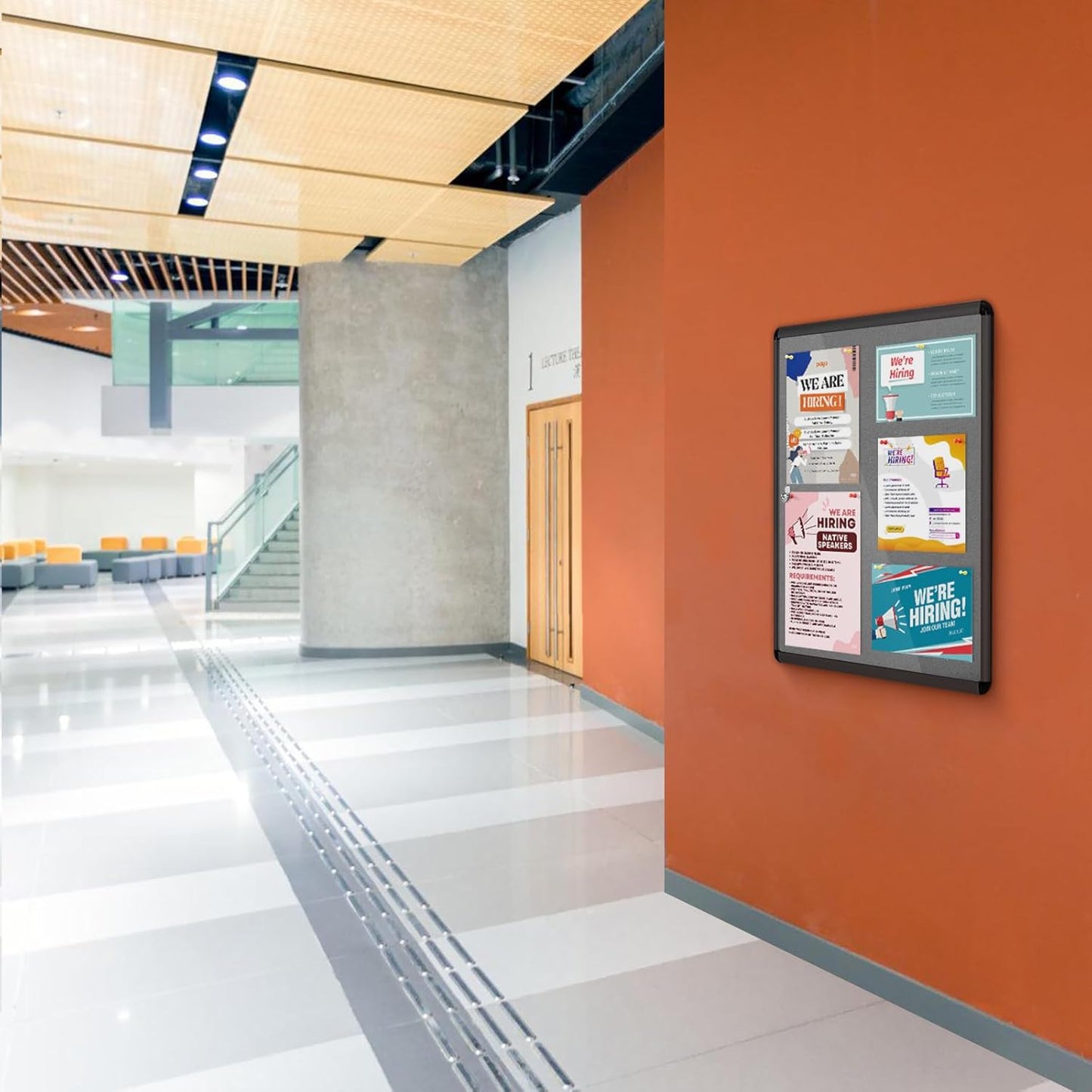 Enclosed Bulletin Board 36x24', Lockable Felt Board, Black Aluminum Frame, Grey Felt