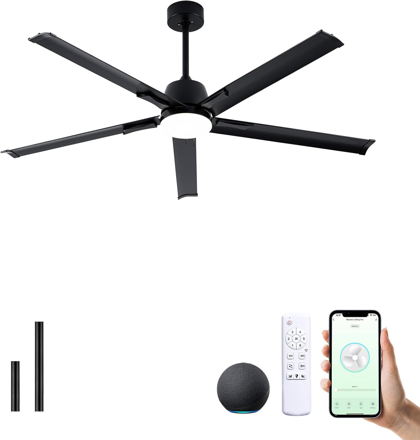 62 Inch Black Aluminum Ceiling Fan with Light,Smart ceiling fan with Alexa and APP, 6 Speed,3CCT,Quiet
