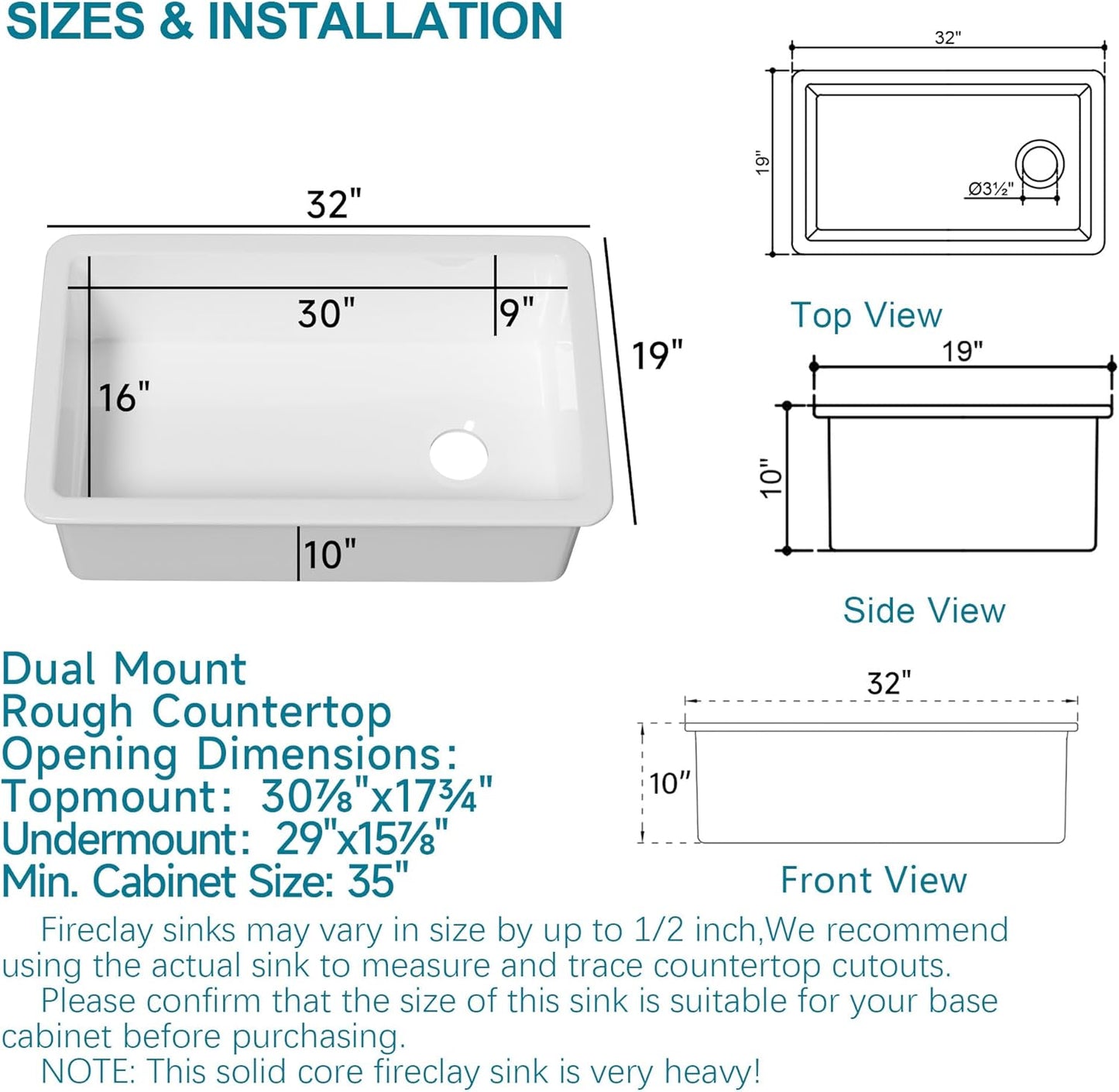 Undermount Kitchen Sink White 32 x 19 Inch, Offset Drain 10' High Top Mount Fireclay Sink