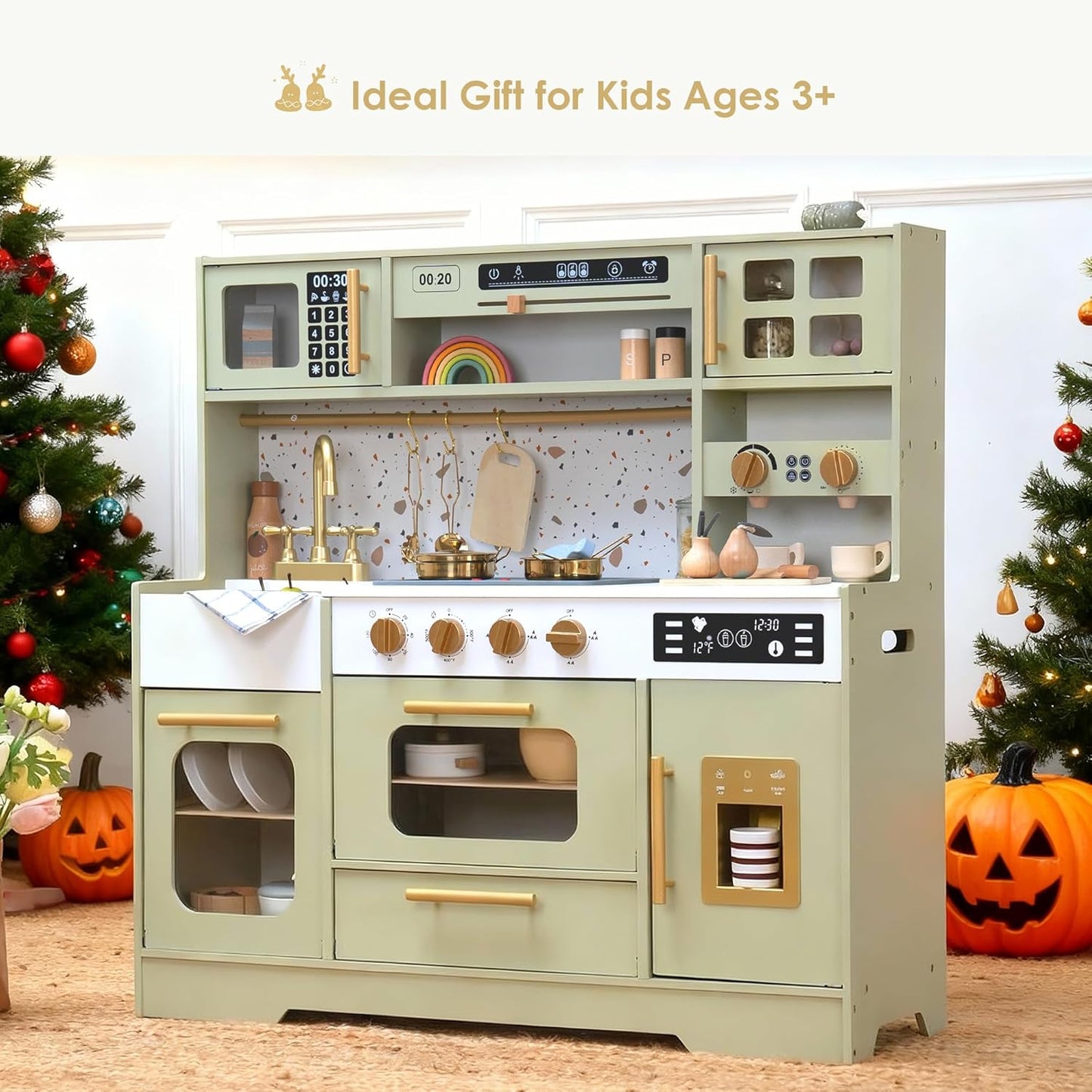 Realistic Pretend Play Kitchen with Stove, Sink, Coffee Maker, Ice Make w/ 15 Fun Accessories (Wooden)